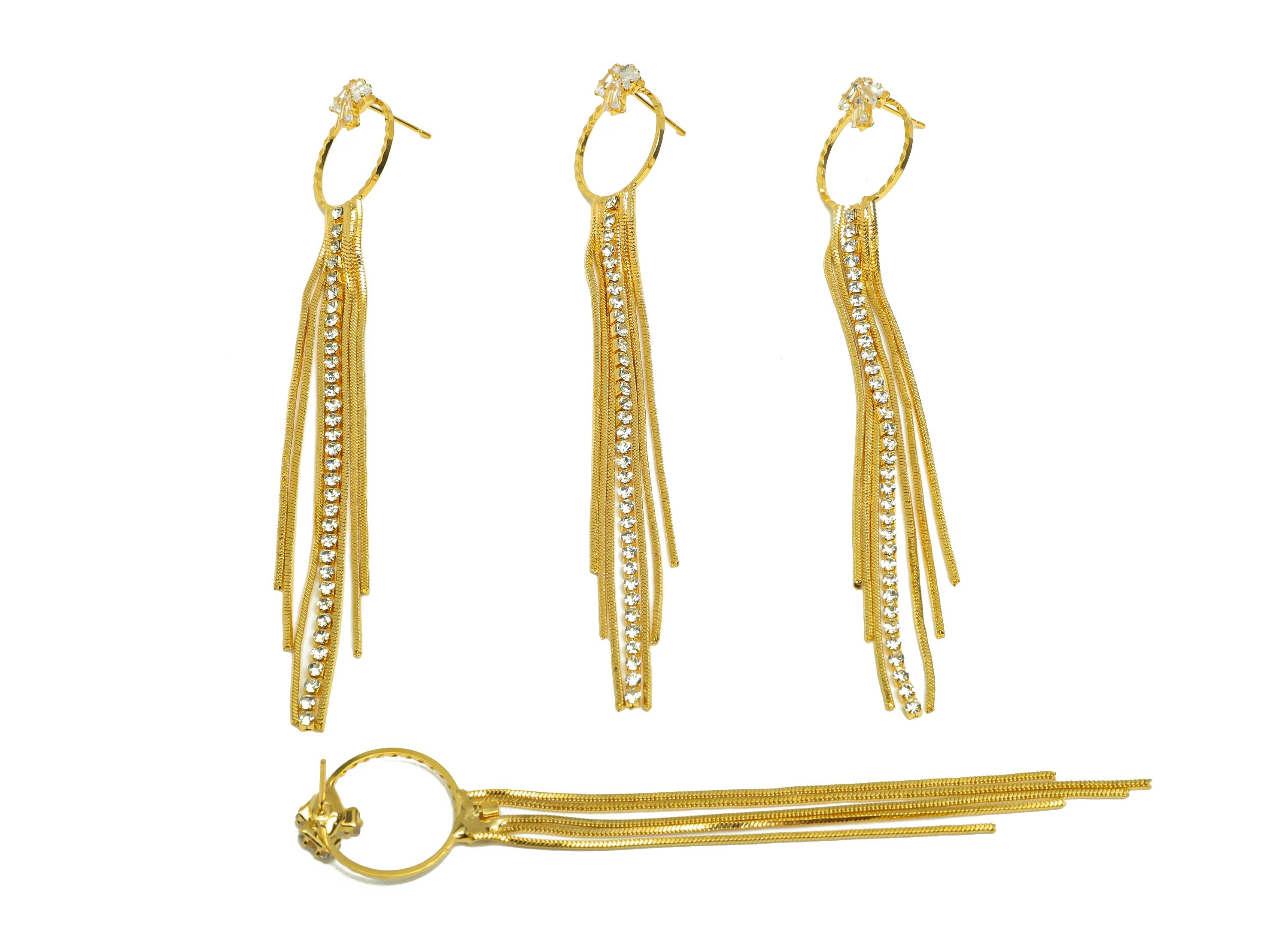 Brass Tassel Earring Stud - Round Tassel Earring Post - Trapezoid Zircon Snake Chian Post - 18K Real Gold Plated - 106x17x0.96mm - RGP7496 - DOMEDBAZAAR