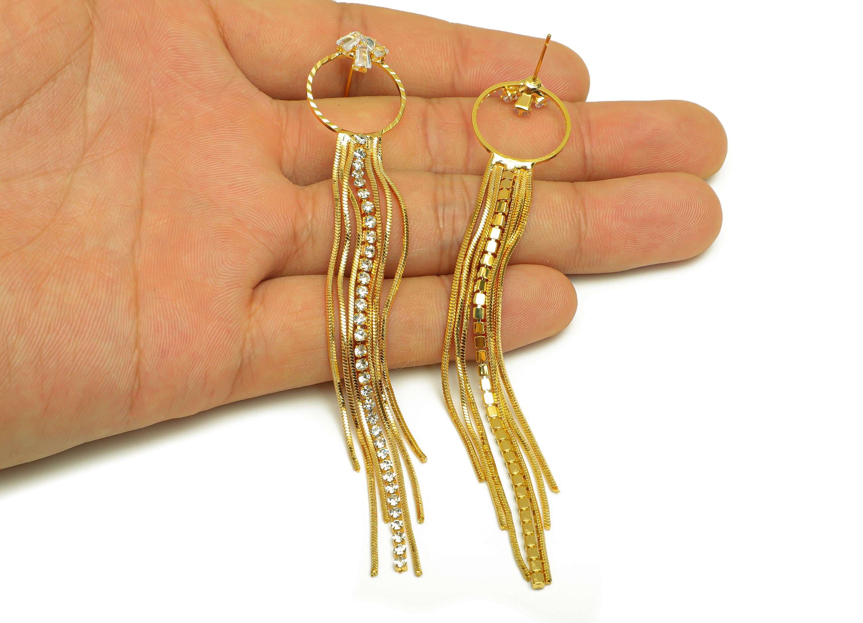 Brass Tassel Earring Stud - Round Tassel Earring Post - Trapezoid Zircon Snake Chian Post - 18K Real Gold Plated - 106x17x0.96mm - RGP7496 - DOMEDBAZAAR