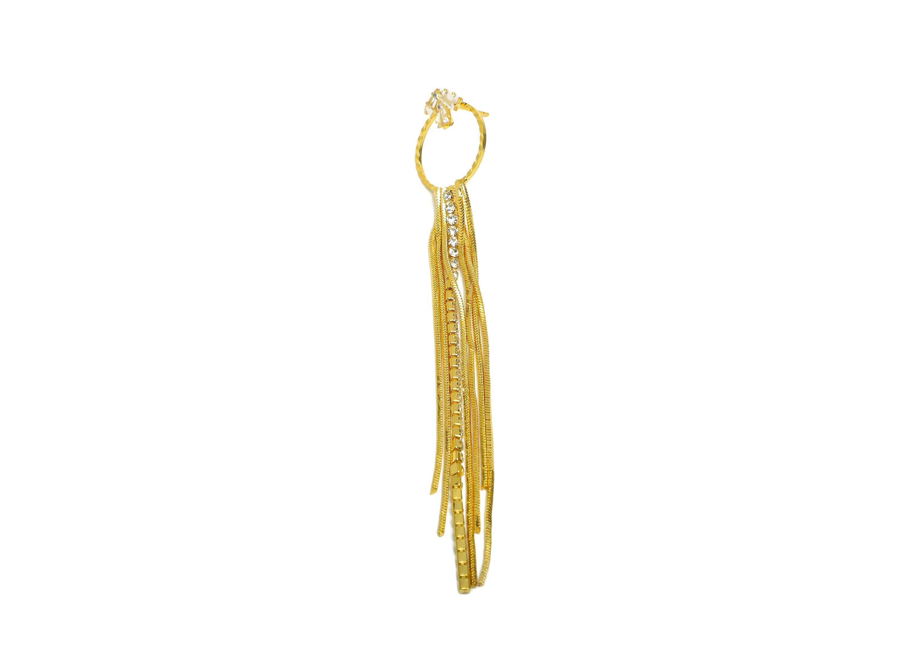Brass Tassel Earring Stud - Round Tassel Earring Post - Trapezoid Zircon Snake Chian Post - 18K Real Gold Plated - 106x17x0.96mm - RGP7496 - DOMEDBAZAAR