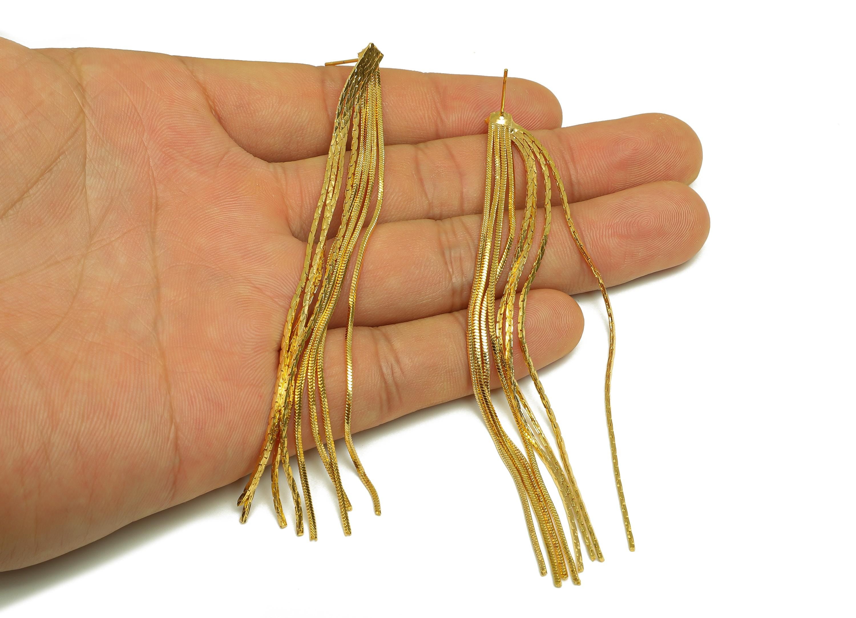 Brass Tassel Earring Stud - Brass Tassel Earring Post - Brass Snake Chian Tassel Earring Post - 18K Real Gold Plated - 100x7x1.68mm -RGP7527 - DOMEDBAZAAR