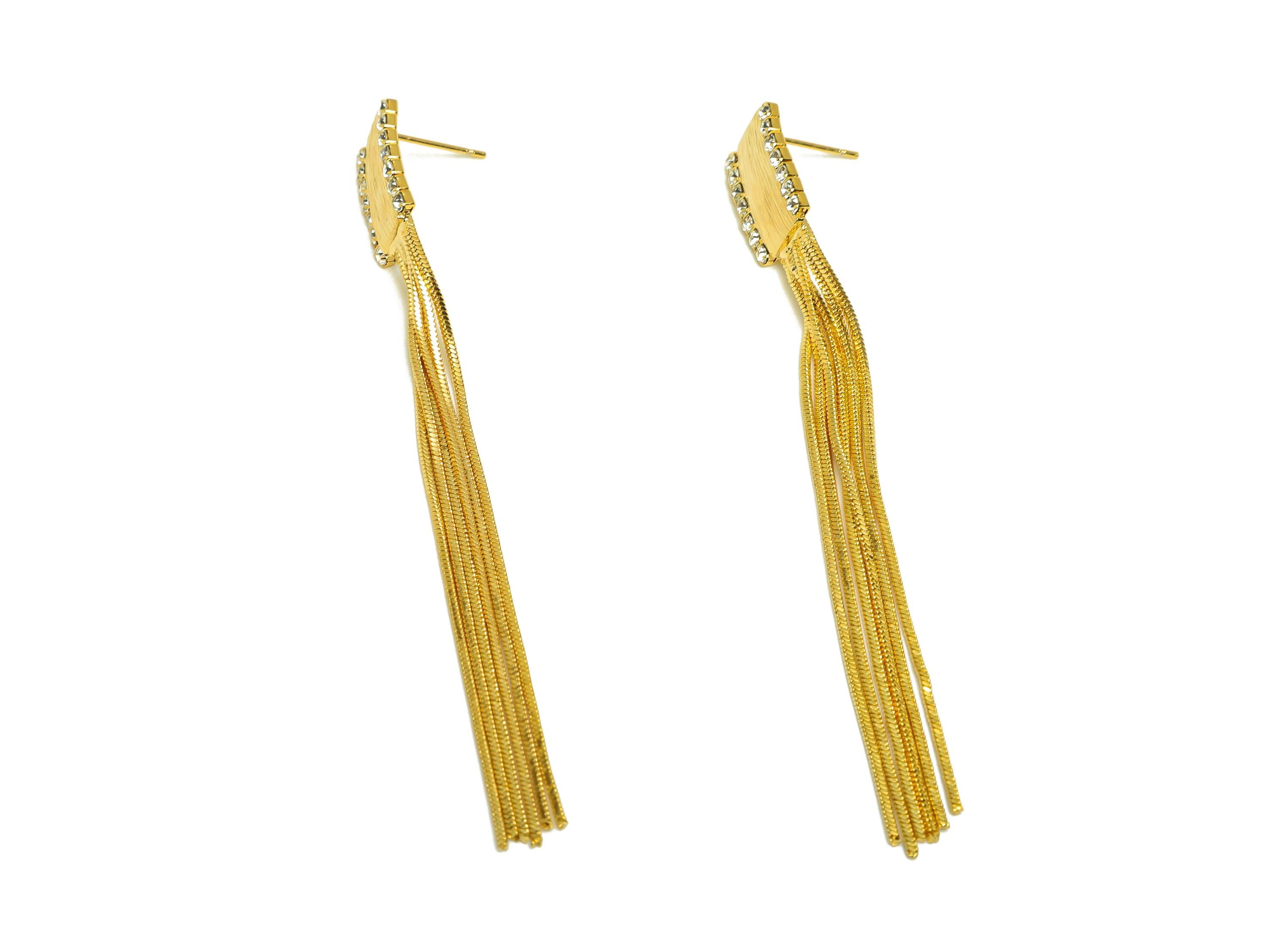 Brass Tassel Earring Stud - Brass Rectangle Earring Post - Zircon Snake Chain Tassel Post - 18K Real Gold Plated - 87x10x2.02mm - RGP7529 - DOMEDBAZAAR