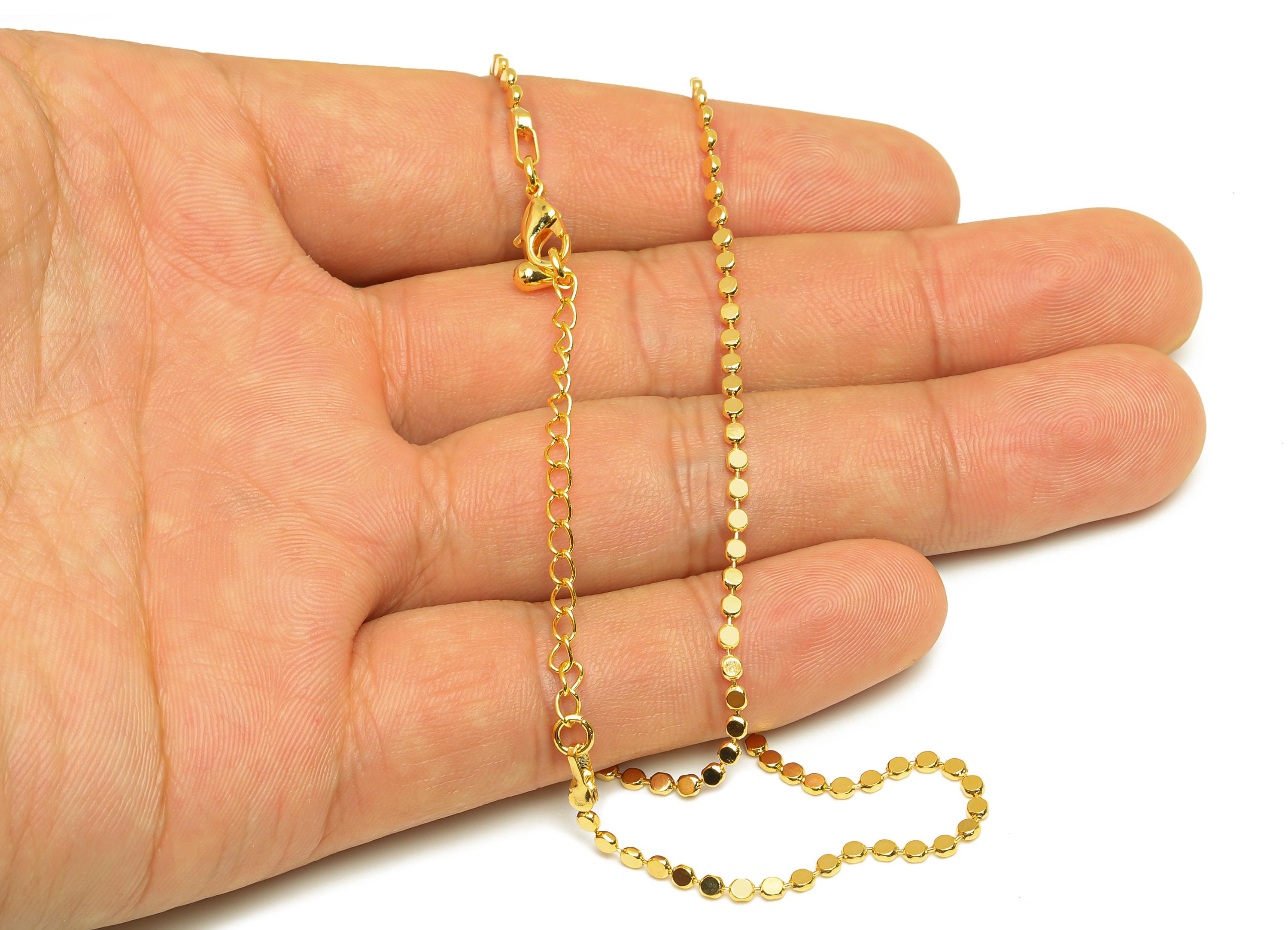 2mm Finished Flat Ball Chain - Gold 42.5+6cm Beaded Chain Pellet - Brass Flat Round Chain - For Necklace - 18K Real Gold Plating - RGP7477 - DOMEDBAZAAR