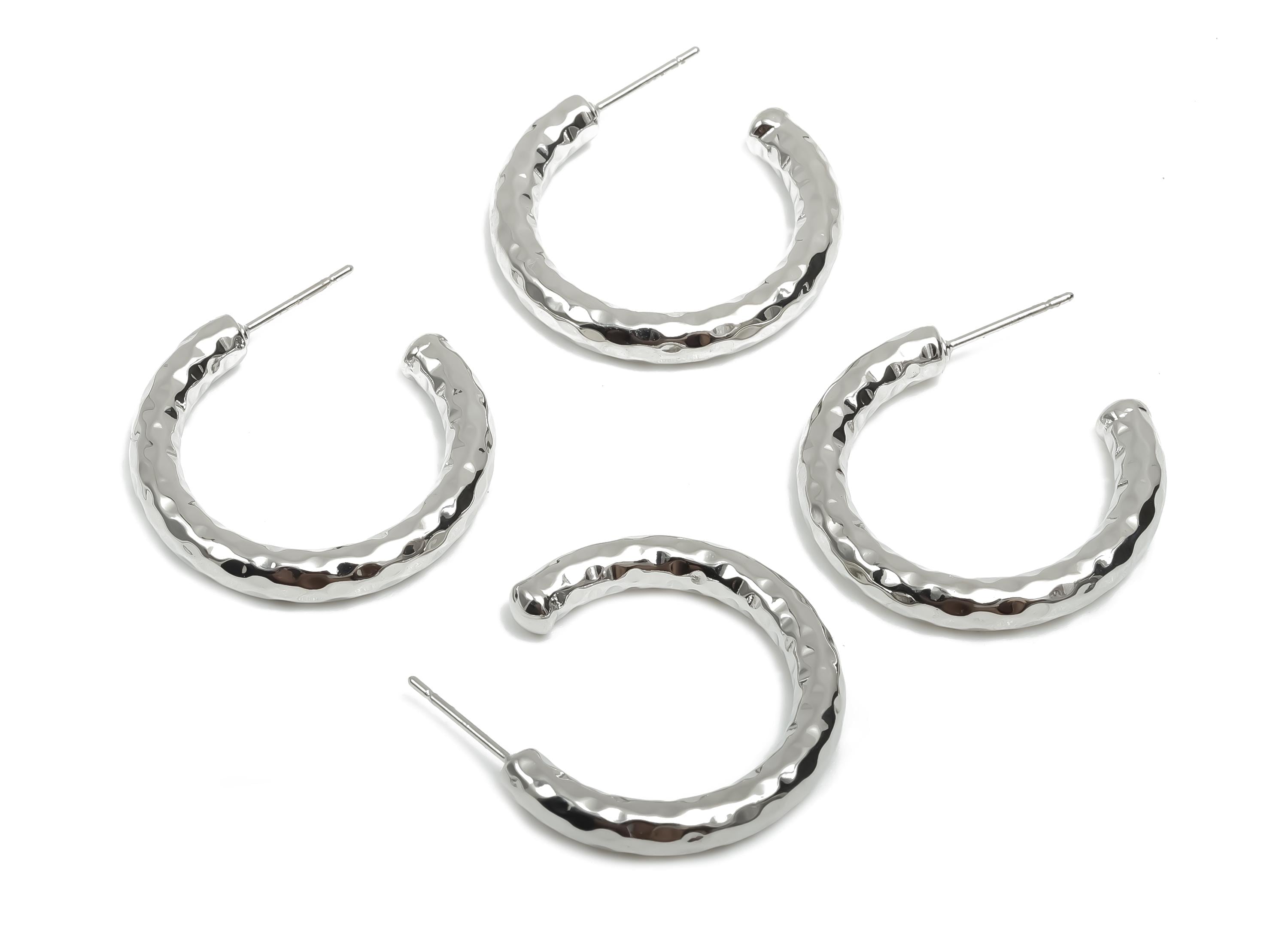 Brass Hoop Earring Stud - Thick Open Hoop Earring Post - Textured Hoop Earring Post - 18K Real White Gold Plating - 30x27x3.94mm - RGP8109 - DOMEDBAZAAR