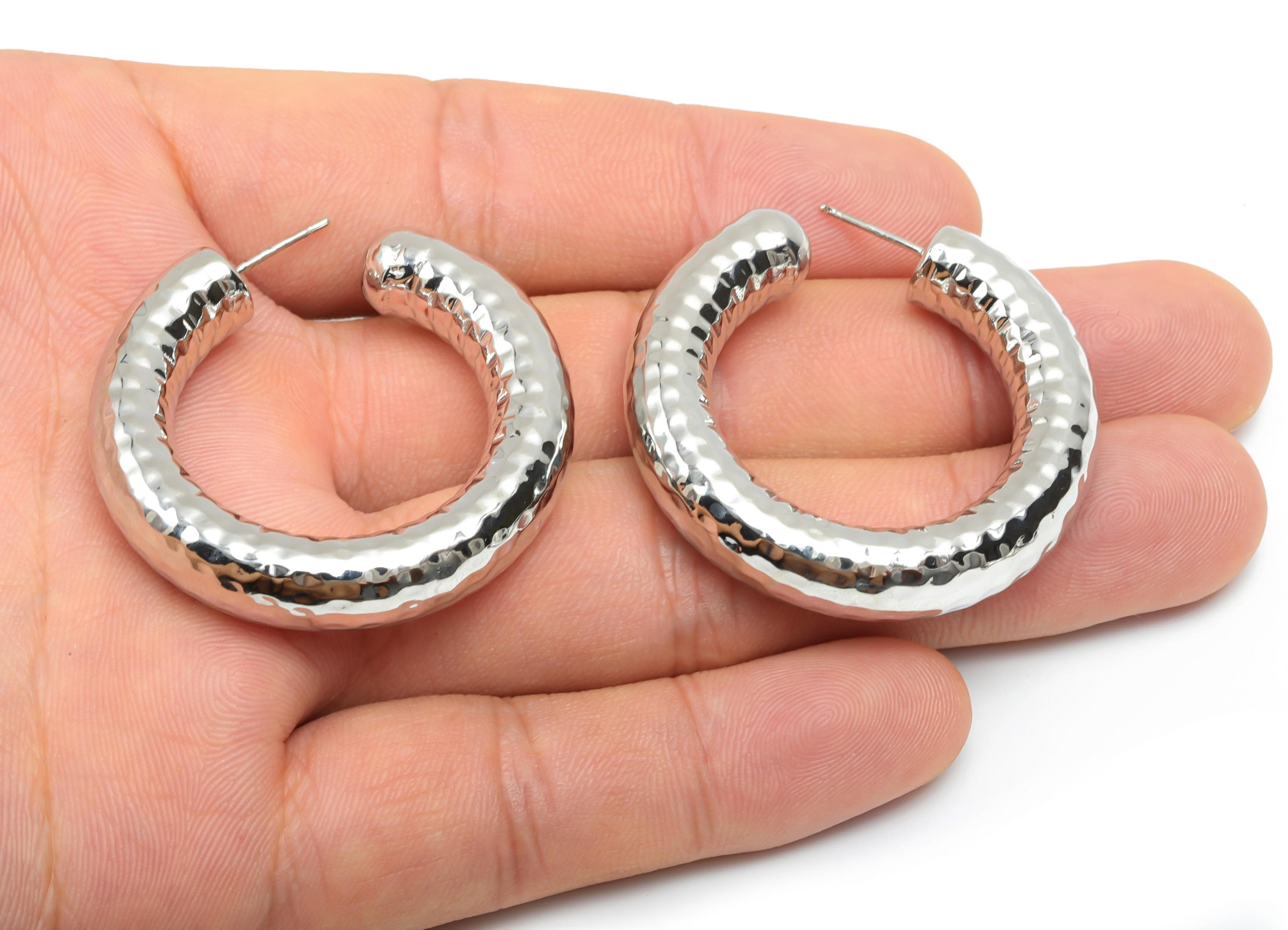 Brass Hoop Earring Stud - Thick Open Hoop Earring Post - Textured Hoop Earring Post - 18K Real White Gold Plating - 40x40x8mm - RGP8111 - DOMEDBAZAAR
