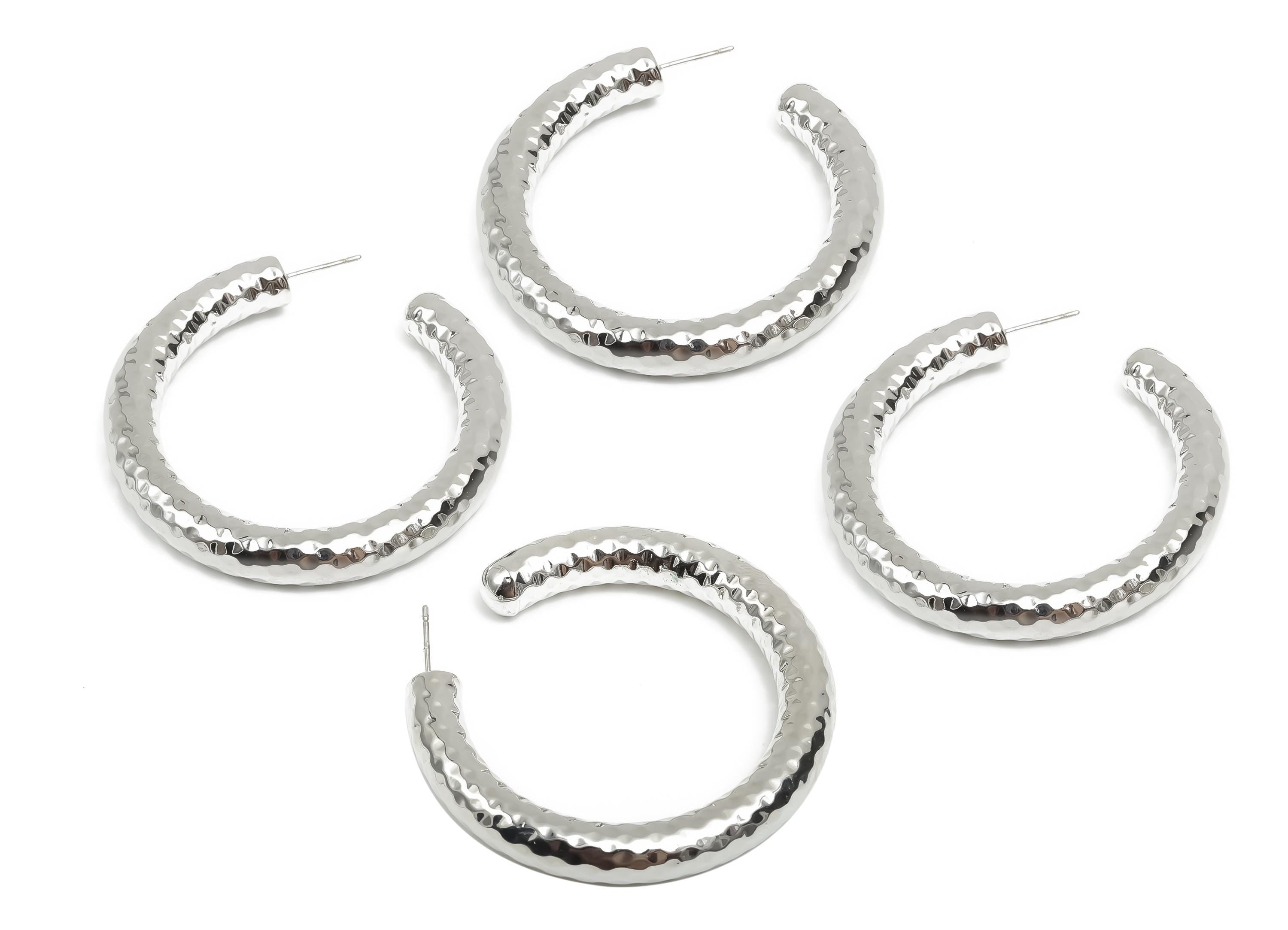 Brass Hoop Earring Stud - Thick Open Hoop Earring Post - Textured Hoop Earring Post - 18K Real White Gold Plating - 51.45x50x6mm - RGP8108 - DOMEDBAZAAR