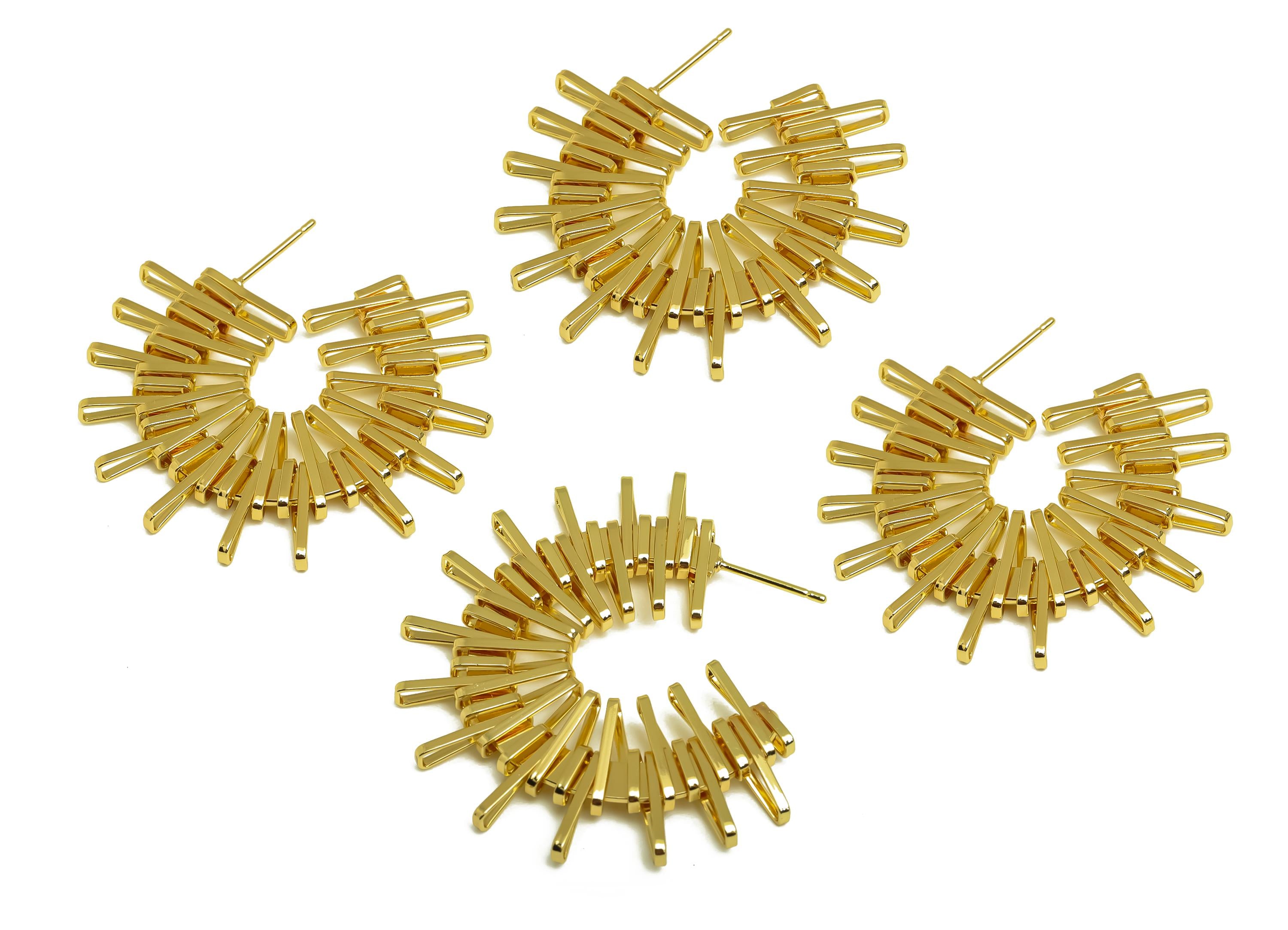 Brass Round Earring Post - Gold Sunshine Earring Stud - Textured Open Round Earring Post - 18K Real Gold Plated- 39.66x39.69x3.23mm- RGP7959 - DOMEDBAZAAR