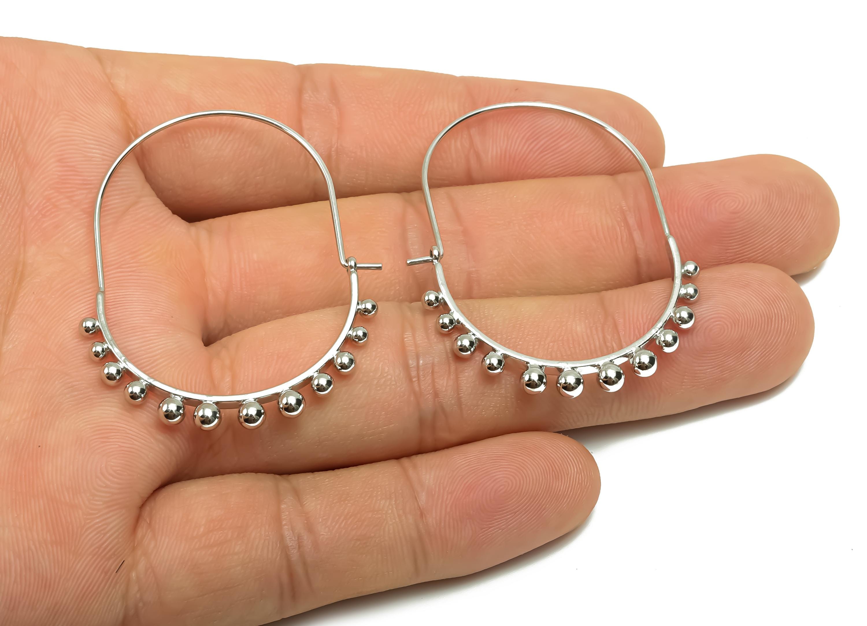 Brass Huge Beaded Wire Hoop Earring - Brass Hoop Earring - Beaded Hoop Earring - 18K Real White Gold Plating - 46.3x35.7x3.33mm - RGP8093 - DOMEDBAZAAR