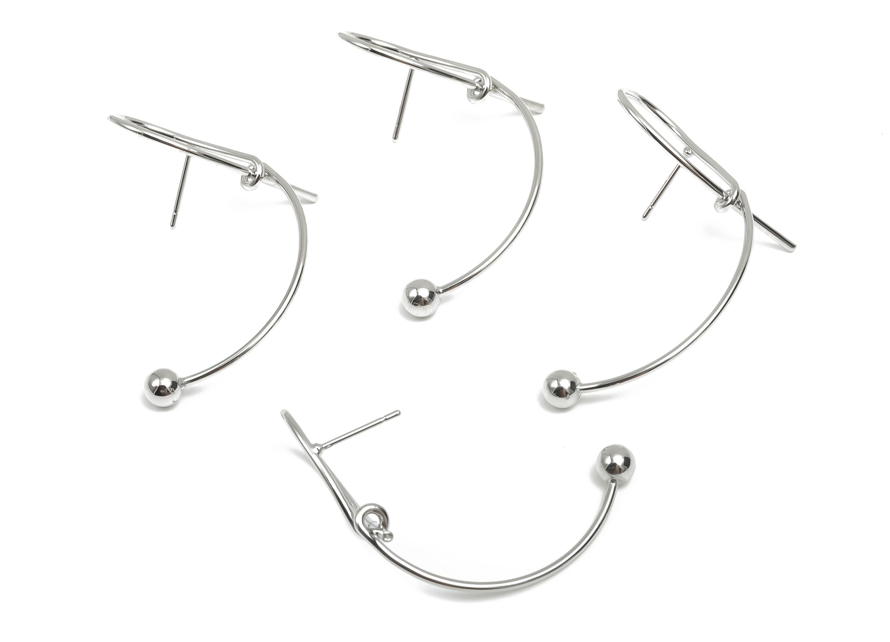 Brass Knot Wire Earring Stud - Bent Ball Wire Earring Post - Curved Bead Earring Post - 18K Real White Gold Plating - 44x25x1.06mm - RGP8096 - DOMEDBAZAAR