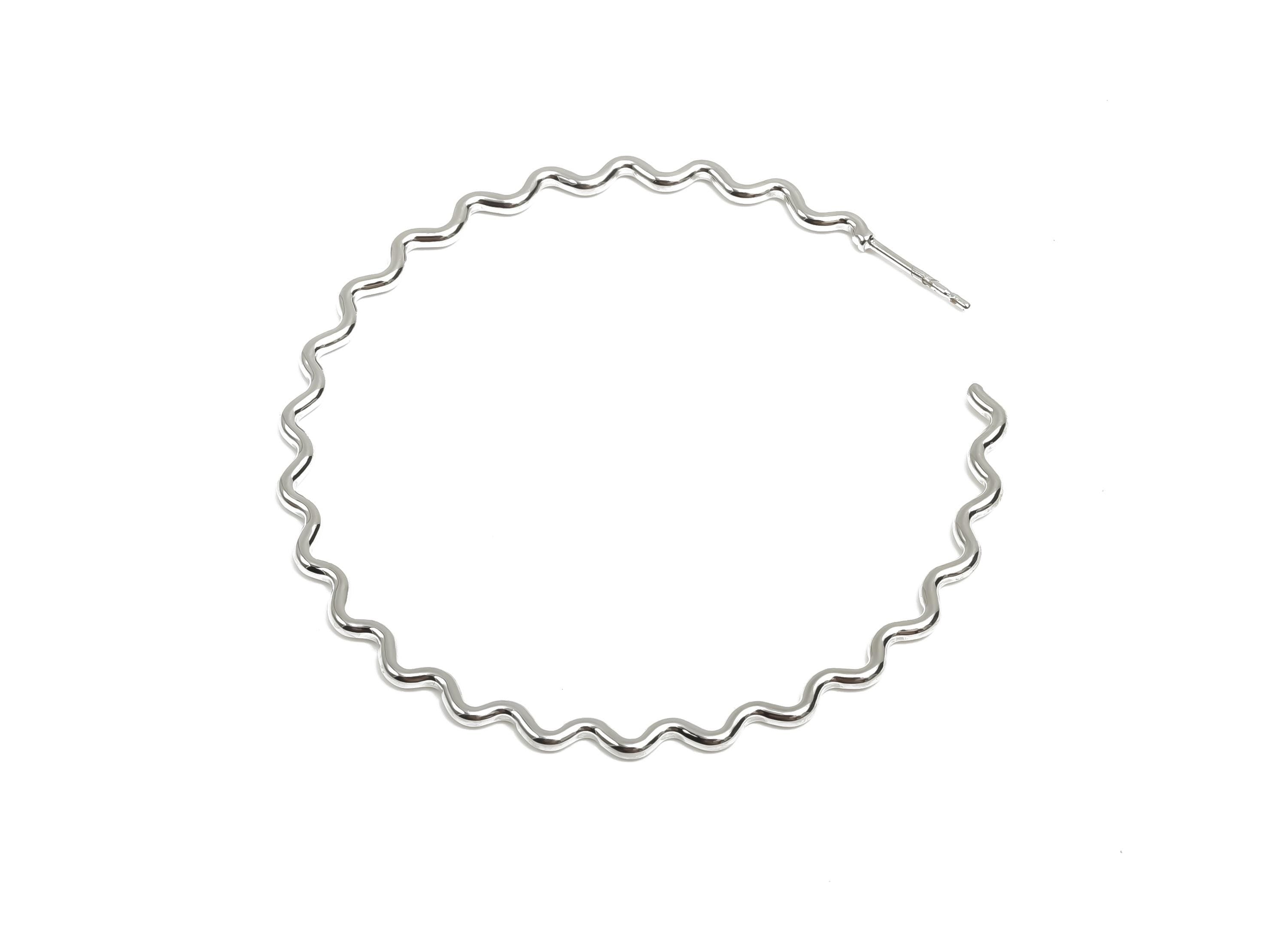 Brass Hoop Earring Stud - Brass Open Hoop Earring Post - Brass Wavy Hoop Earring Post - 18K Real White Gold Plated - 53x53x1.48mm - RGP8100 - DOMEDBAZAAR