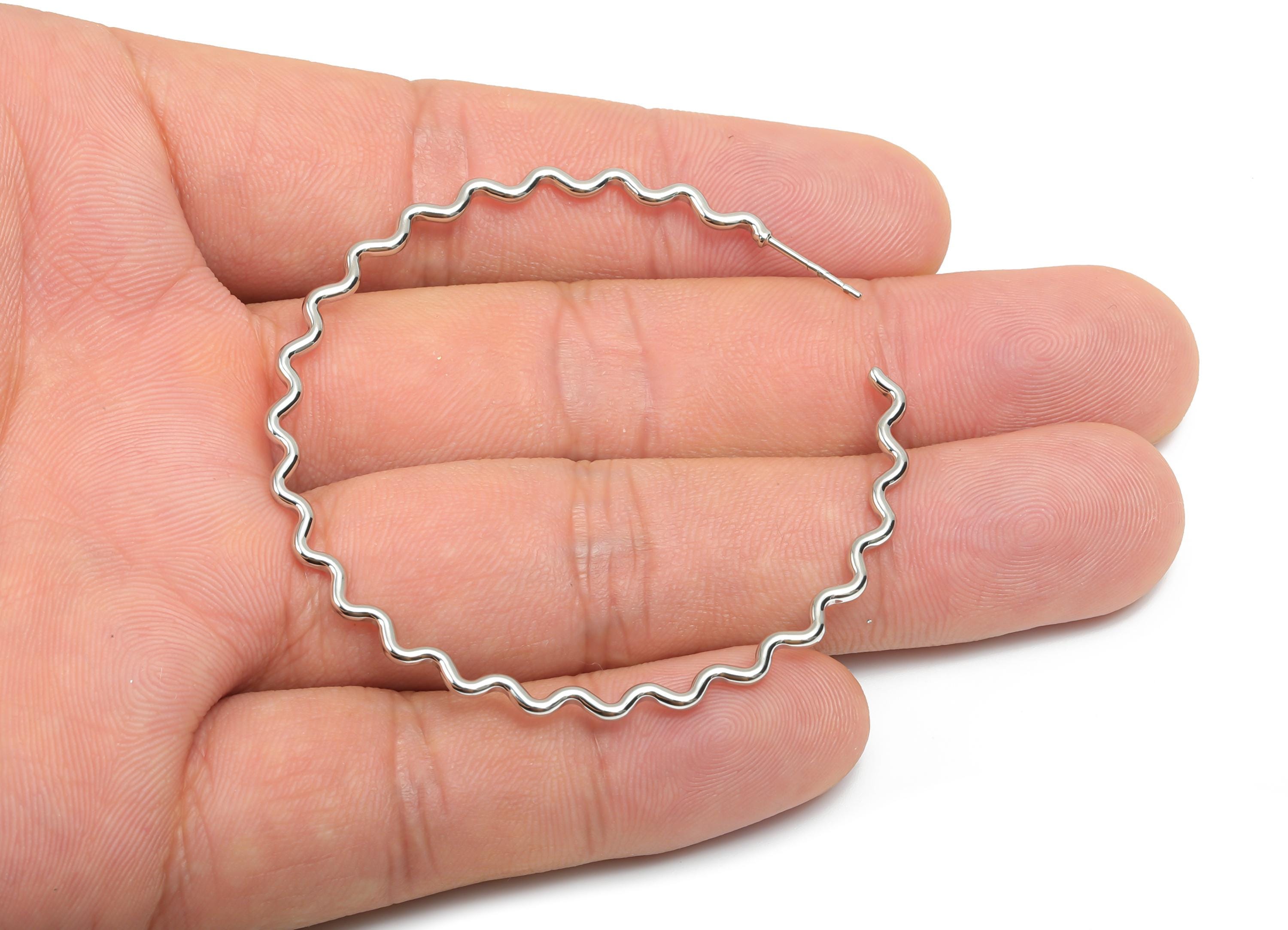 Brass Hoop Earring Stud - Brass Open Hoop Earring Post - Brass Wavy Hoop Earring Post - 18K Real White Gold Plated - 53x53x1.48mm - RGP8100 - DOMEDBAZAAR