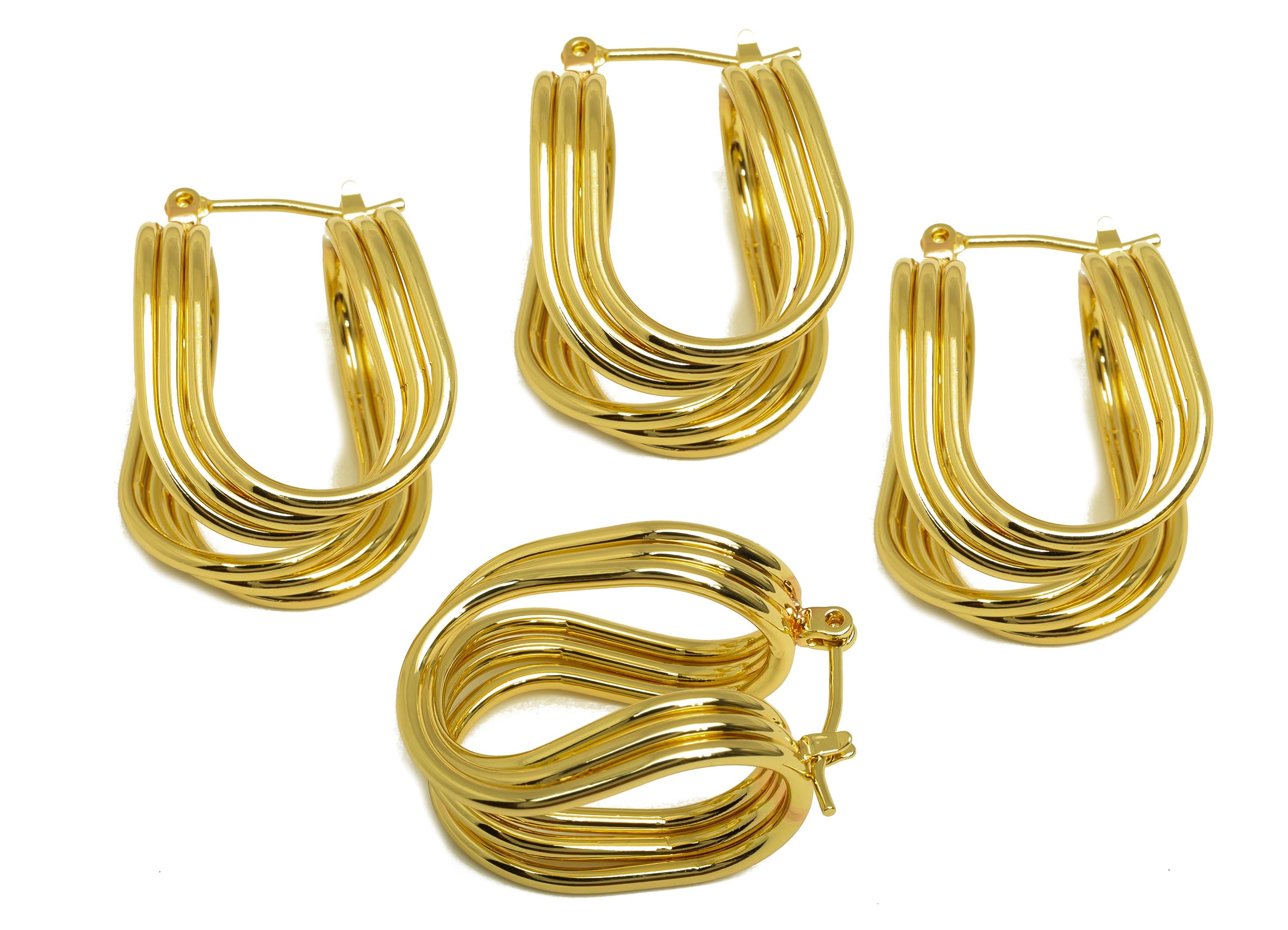 Brass U Hoop Earring - Gold Drop U Huggie Hoop Ear Clasp - Textured Huggie Hoop Earring - 18K Real Gold Plated - 25.04x17.98x15mm - RGP7970 - DOMEDBAZAAR