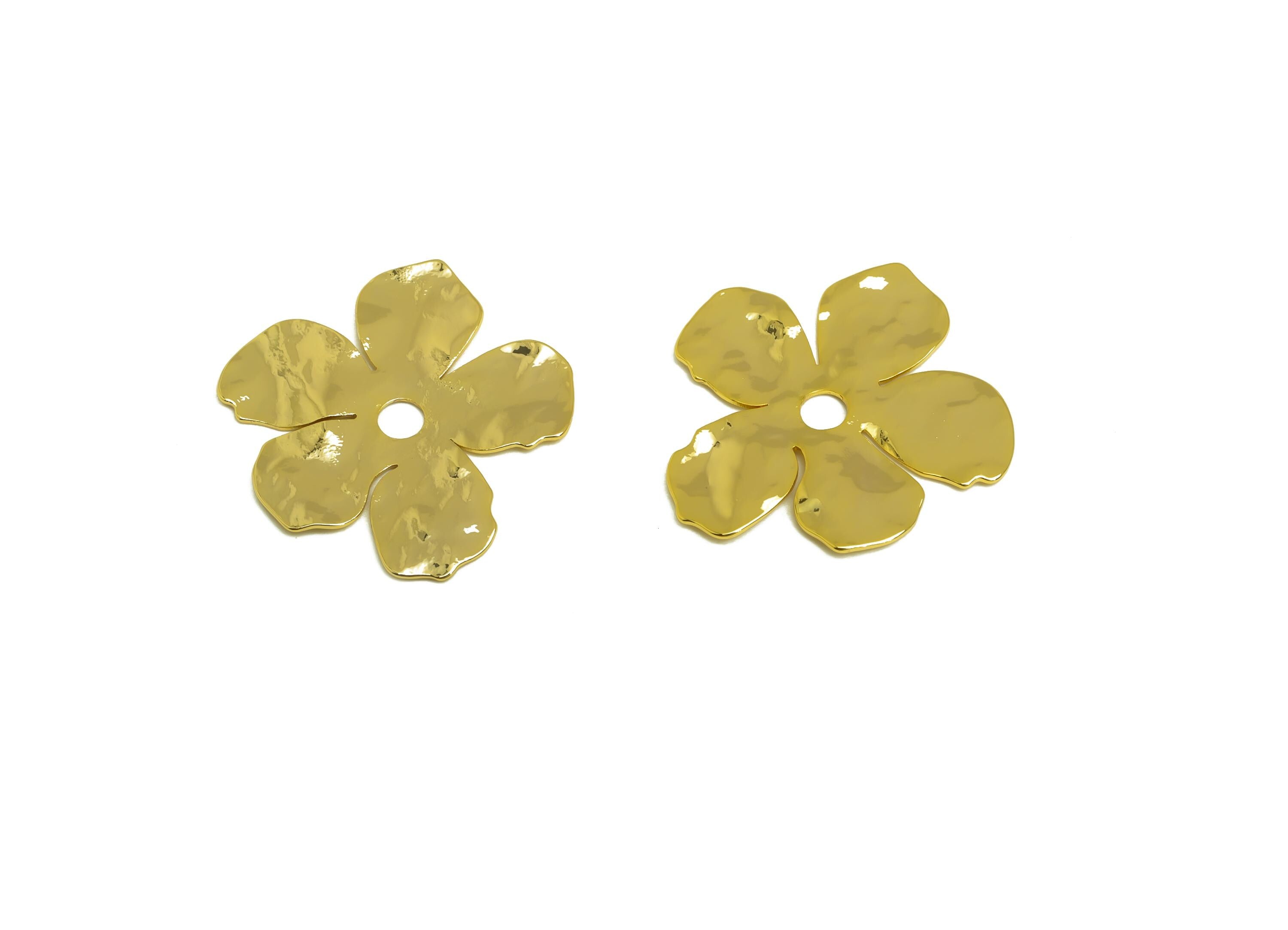 Brass Flower Earring Charm - Gold Hammered Flower Charm - Botanical Hammered Flower Pendant - 18K Real Gold Plated -22.84x21x0.63mm- RGP7974 - DOMEDBAZAAR