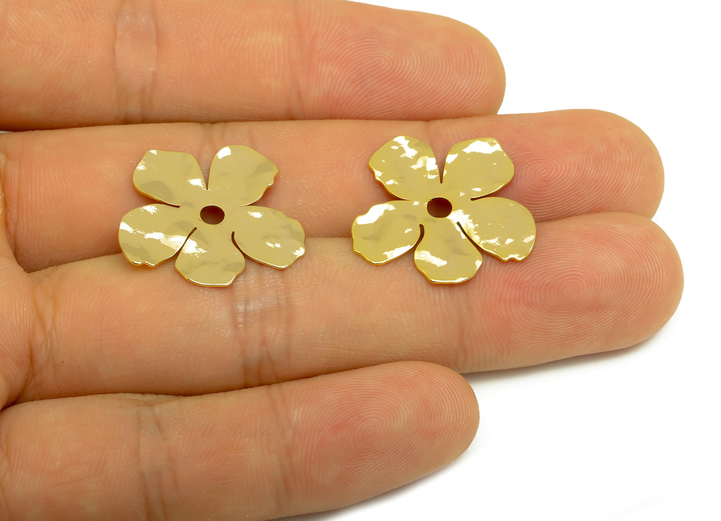 Brass Flower Earring Charm - Gold Hammered Flower Charm - Botanical Hammered Flower Pendant - 18K Real Gold Plated -22.84x21x0.63mm- RGP7974 - DOMEDBAZAAR