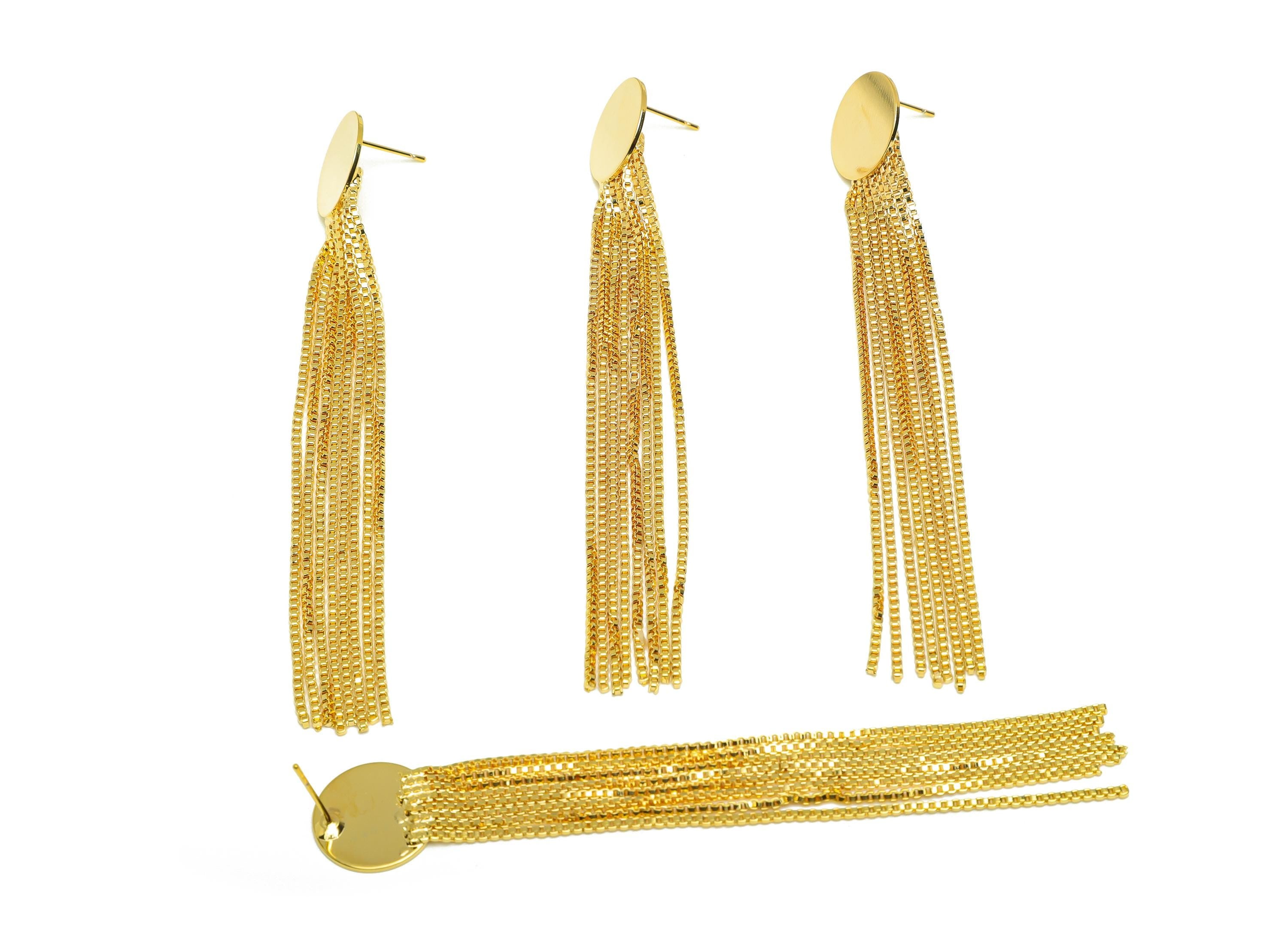 Brass Tassel Earring Stud - Brass Round Tassel Earring Post - Brass Round Box Chain Post - 18K Real Gold Plated - 98x16.15x0.77mm - RGP7525 - DOMEDBAZAAR