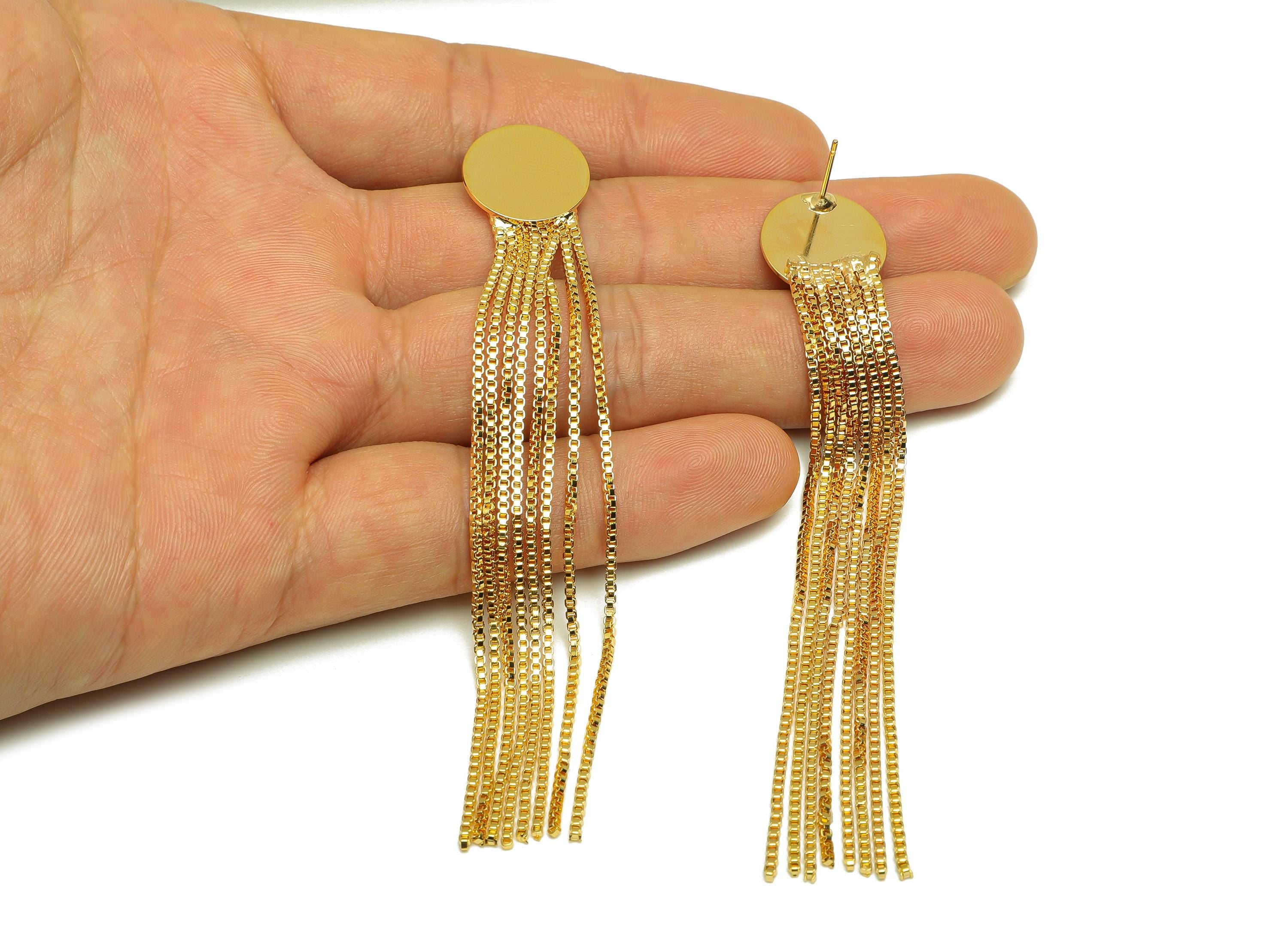 Brass Tassel Earring Stud - Brass Round Tassel Earring Post - Brass Round Box Chain Post - 18K Real Gold Plated - 98x16.15x0.77mm - RGP7525 - DOMEDBAZAAR