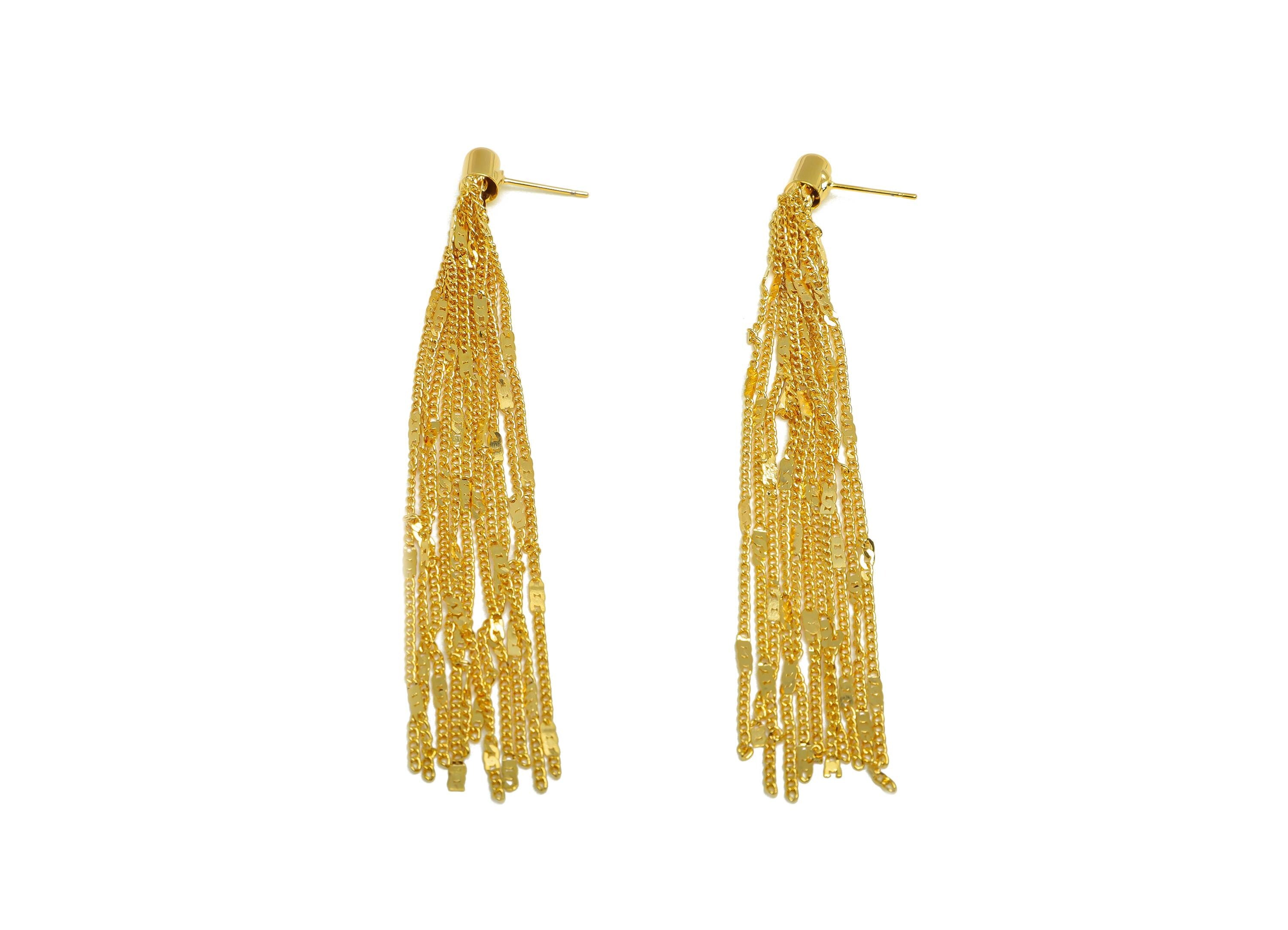 Brass Tassel Earring Stud - Brass Tassel Earring Post - Brass Cable Chain Earring Post - 18K Real Gold Plating - 93x5.04x5.1mm - RGP7533 - DOMEDBAZAAR