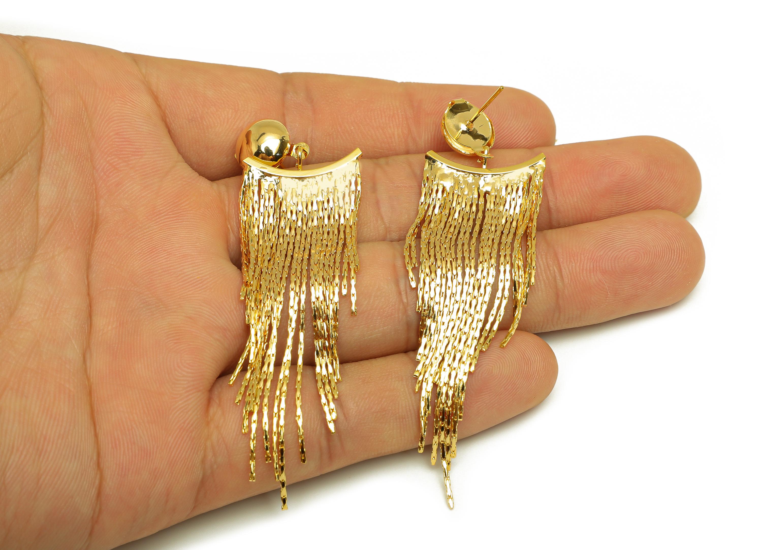 Brass Tassel Earring Stud - Bead Tassel Earring Post - Zircon Bent Snake Chain Tassel Post - 18K Real Gold Plated - 72.57x20x4.3mm - RGP7521 - DOMEDBAZAAR
