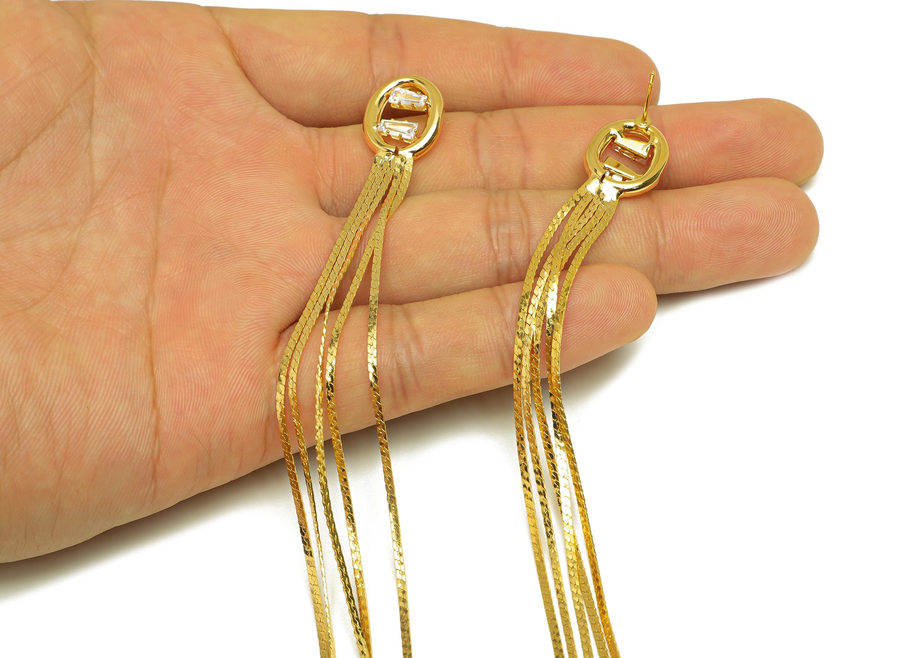 Brass Tassel Earring Stud - Brass Oval Tassel Earring Post - Zircon Snake Chain Tassel Post - 18K Real Gold Plated - 190x12x3mm - RGP7516 - DOMEDBAZAAR