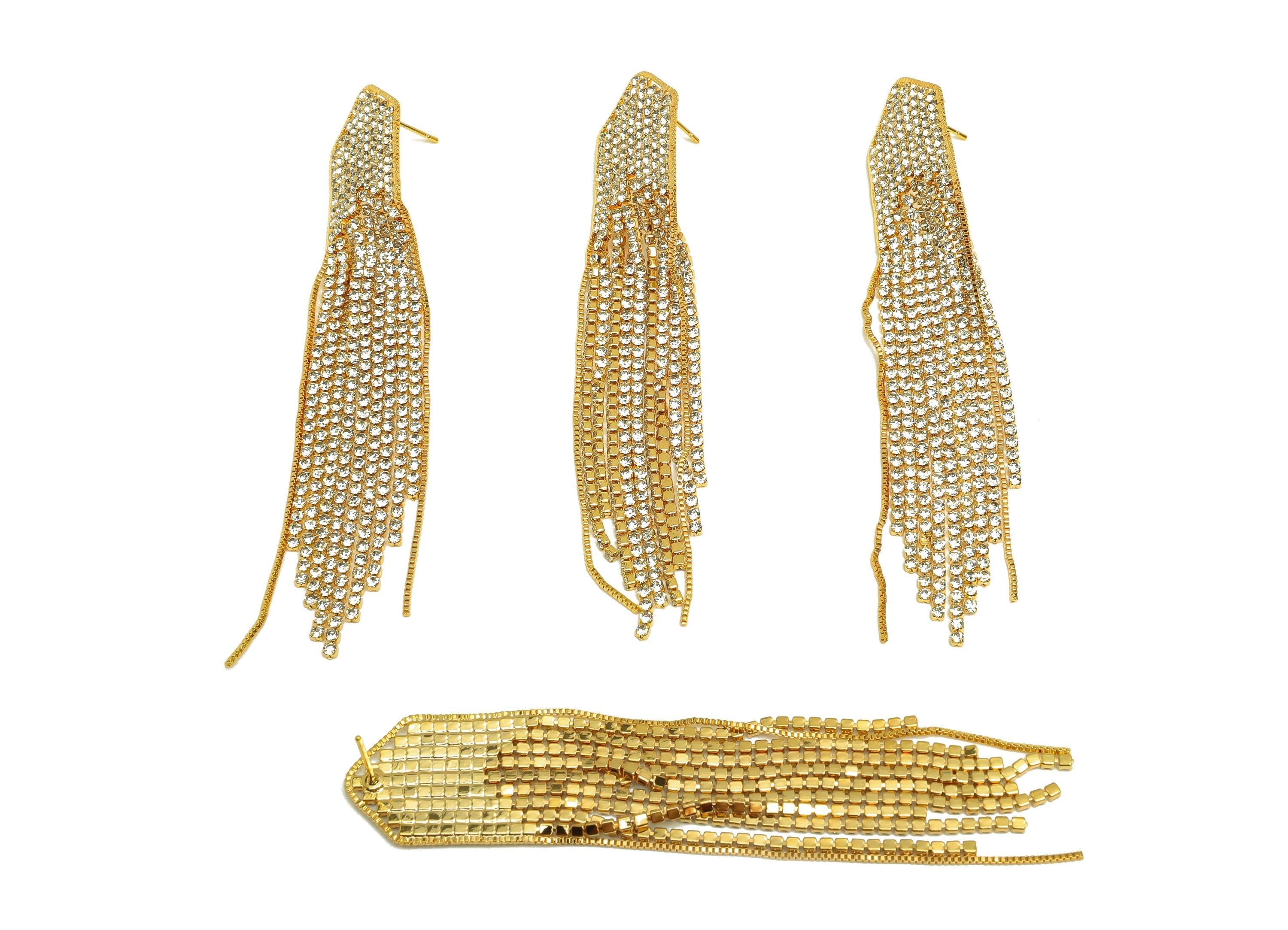Brass Tassel Earring Stud - Brass Geometry Tassel Earring Post - Zircon Box Chain Tassel Post - 18K Real Gold Plated - 90x17x1mm - RGP7517 - DOMEDBAZAAR