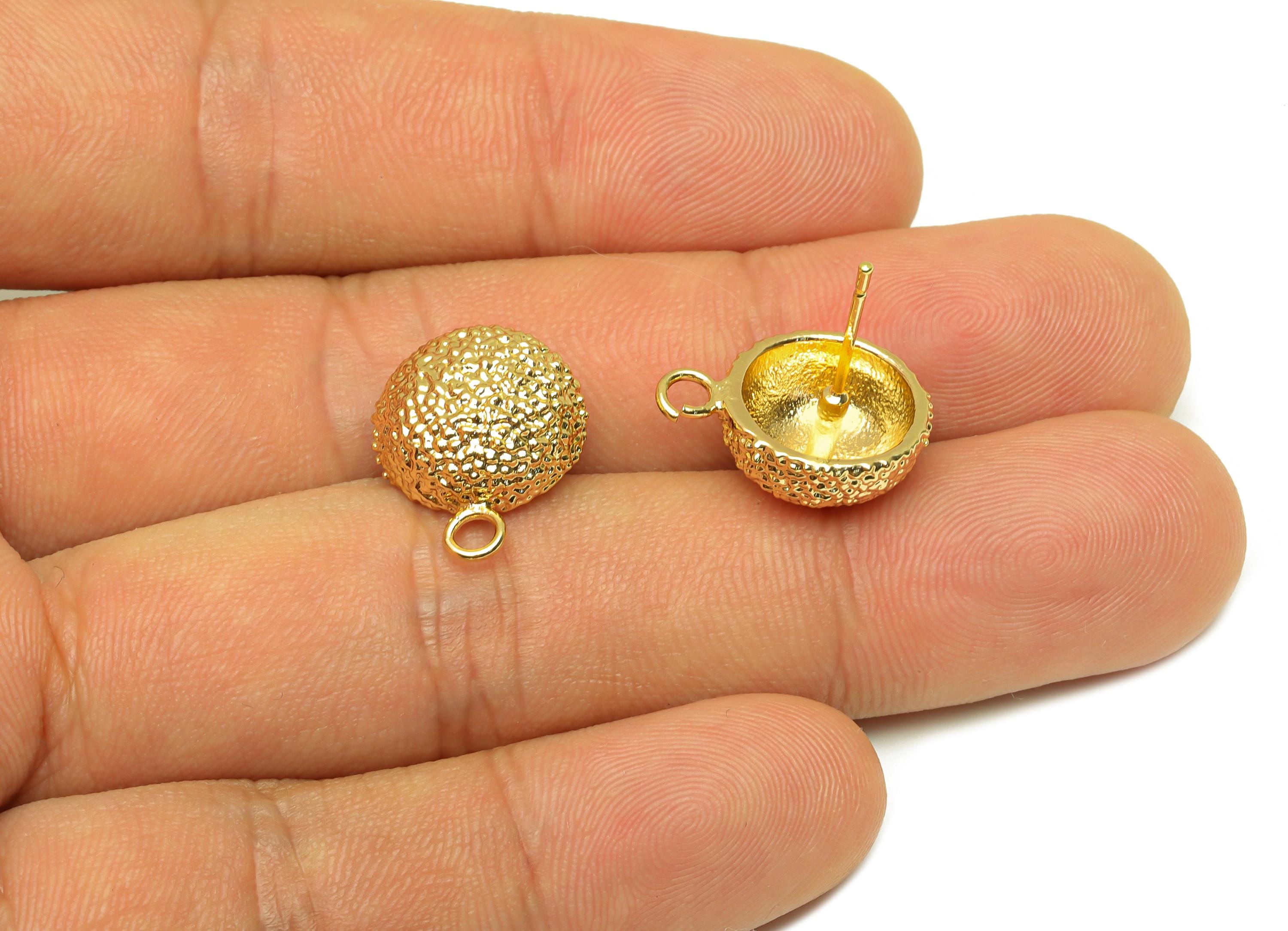 Brass Round Earring Stud - Textured Circle Earring Post - Frosted Earring Post - 18K Real Gold Plating - 18x17x13.65mm - RGP7755 - DOMEDBAZAAR
