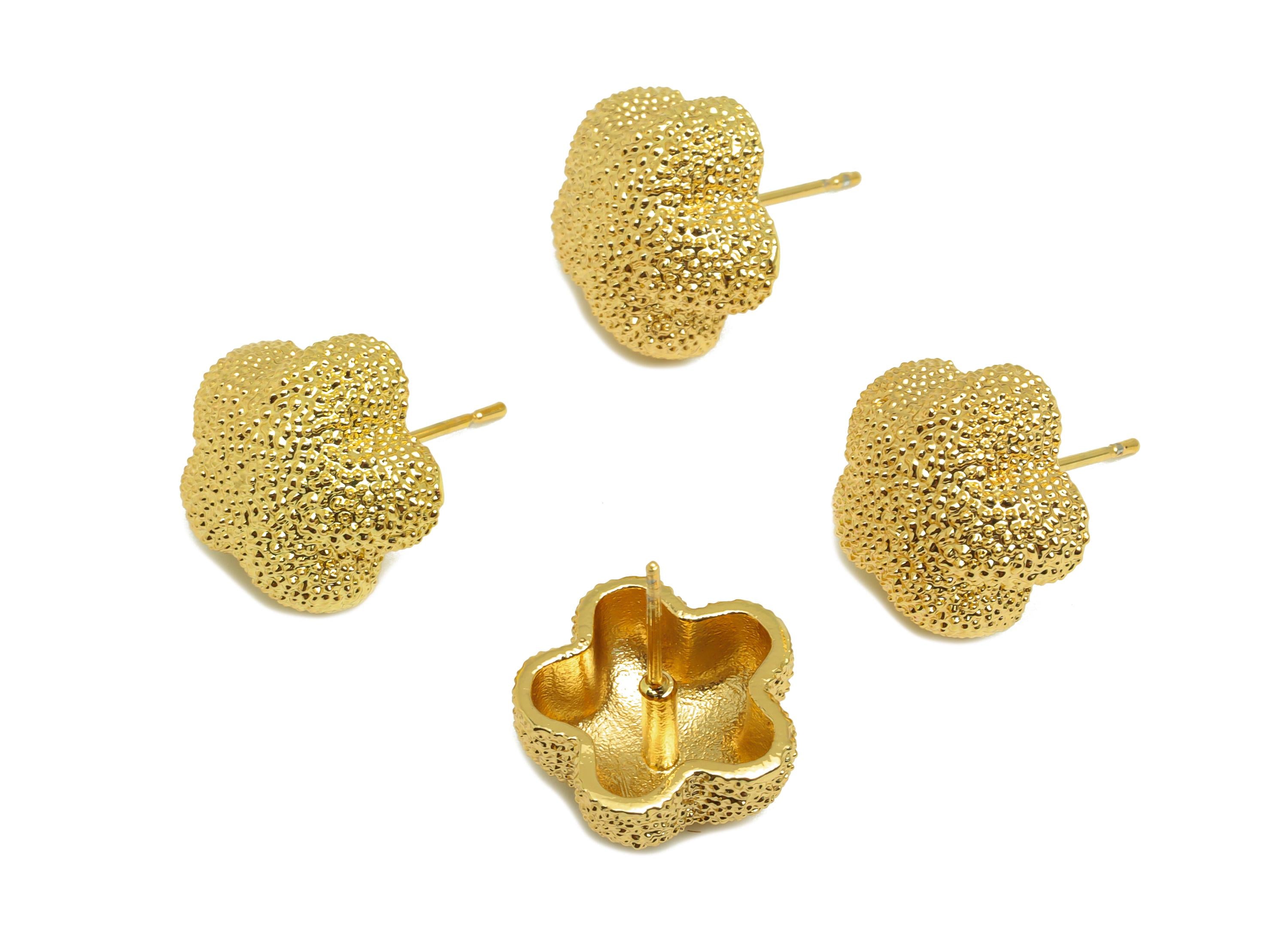 Brass Flower Earring Stud - Textured Botanical Earring Post - Flower Frosted Earring Post - 18K Real Gold Plating - 18x14x7mm - RGP7752 - DOMEDBAZAAR