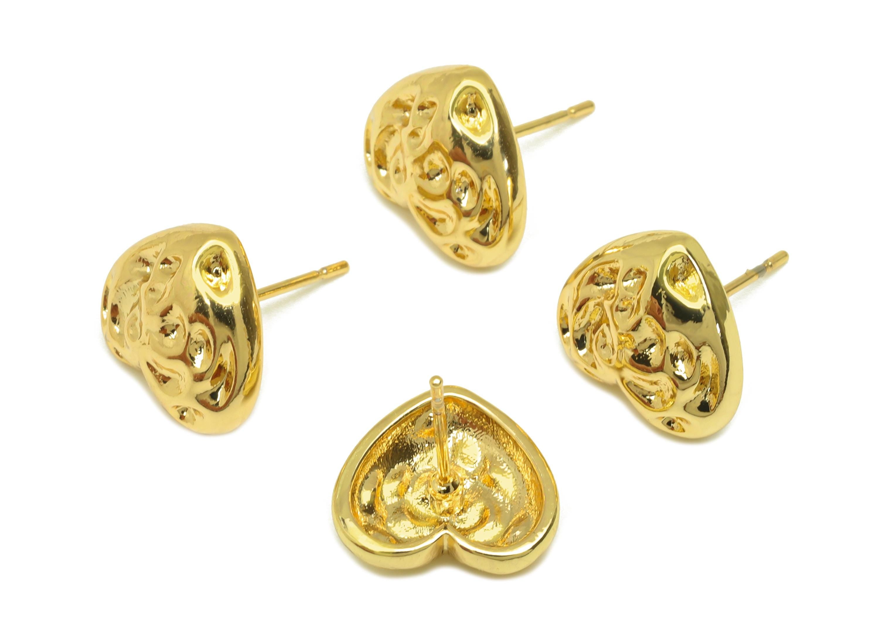 Brass Heart Earring Stud - Hammered Heart Earring Post - Textured Heart Earring Post - 18K Real Gold Plating - 15x11.15x12.75mm - RGP7763 - DOMEDBAZAAR