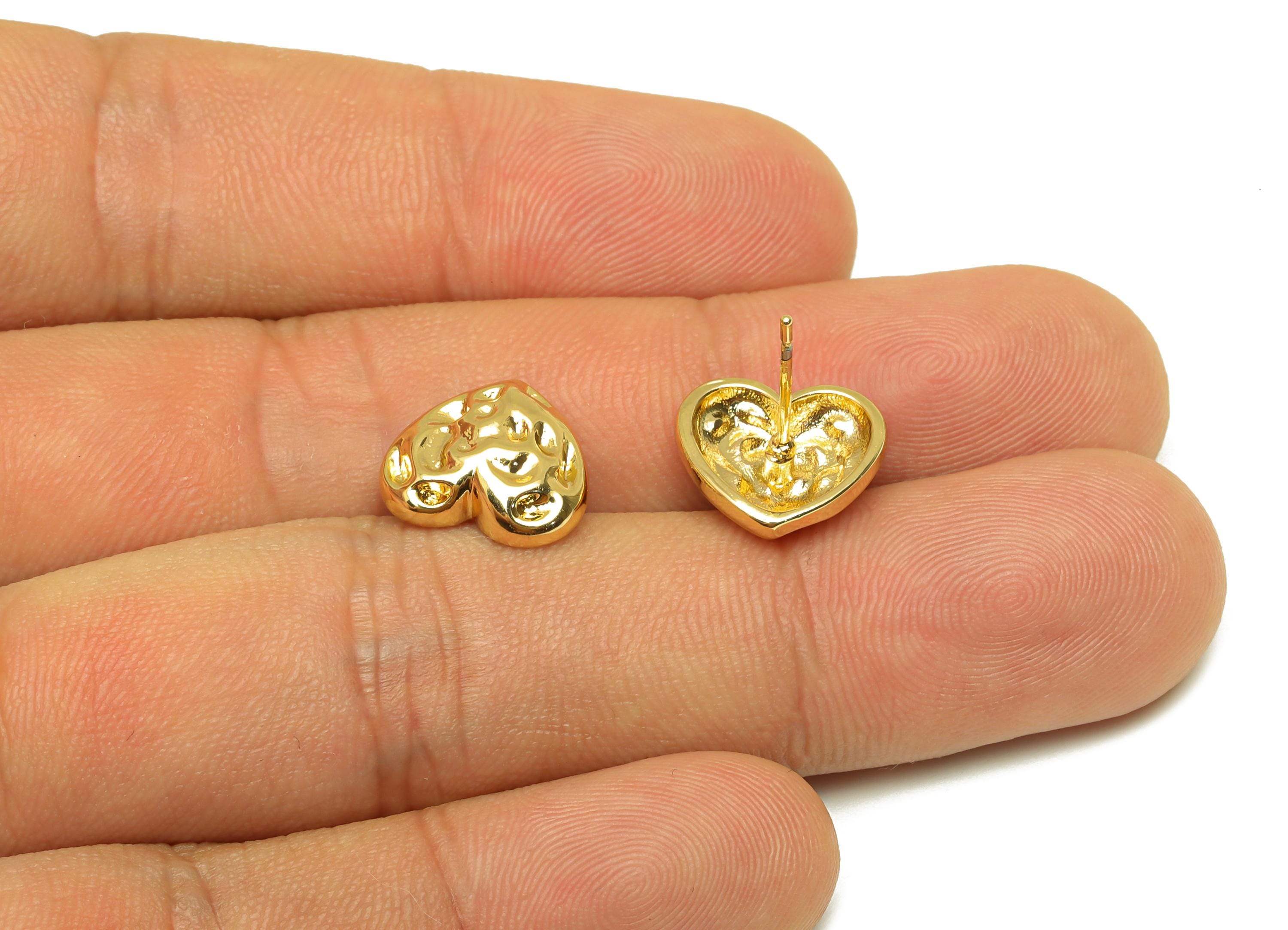 Brass Heart Earring Stud - Hammered Heart Earring Post - Textured Heart Earring Post - 18K Real Gold Plating - 15x11.15x12.75mm - RGP7763 - DOMEDBAZAAR