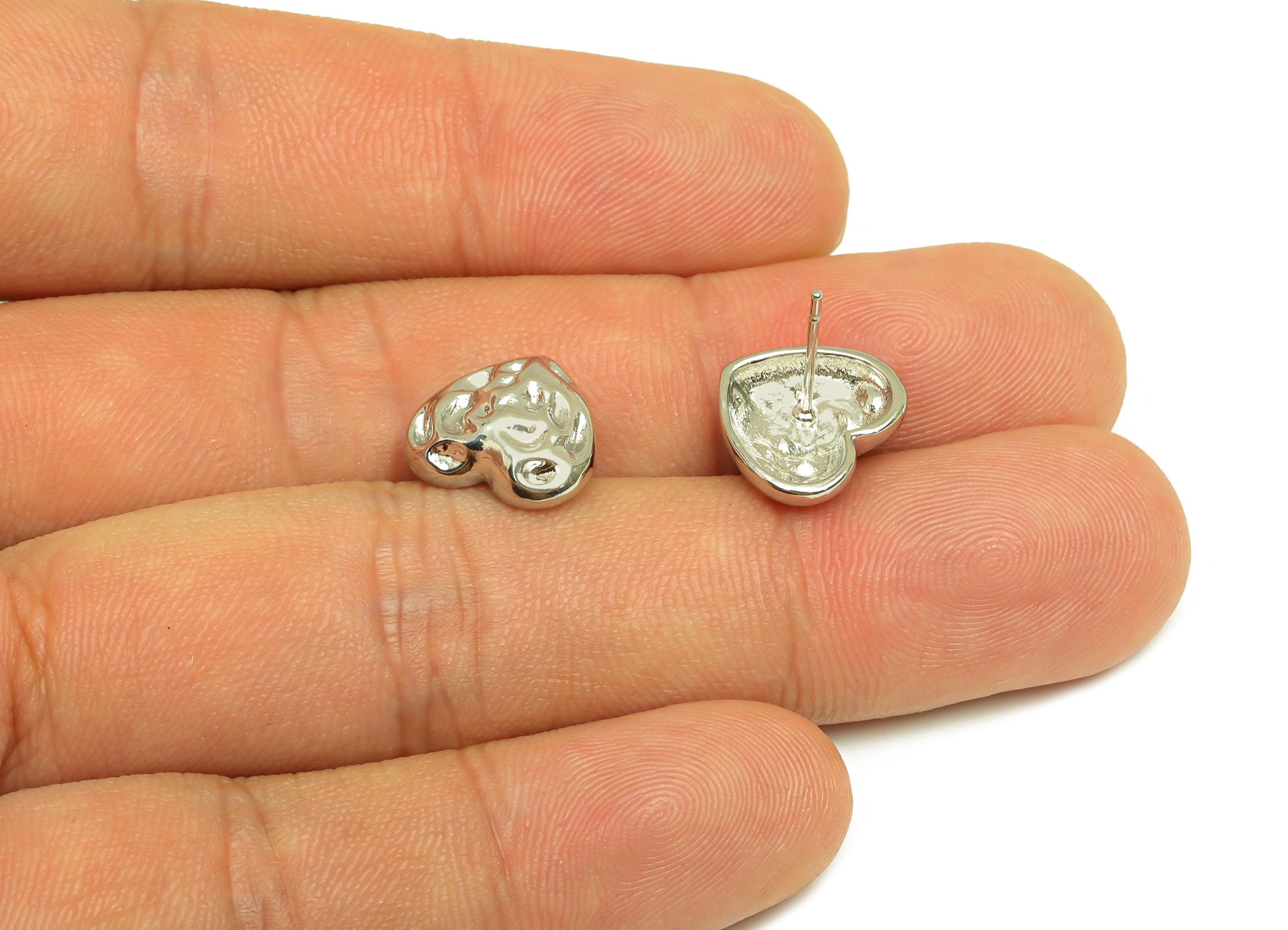 Brass Heart Earring Stud - Hammered Heart Earring Post - Textured Heart Earring Post - 18K Real White Gold Plating - 15x11.15x12mm - RGP7763 - DOMEDBAZAAR