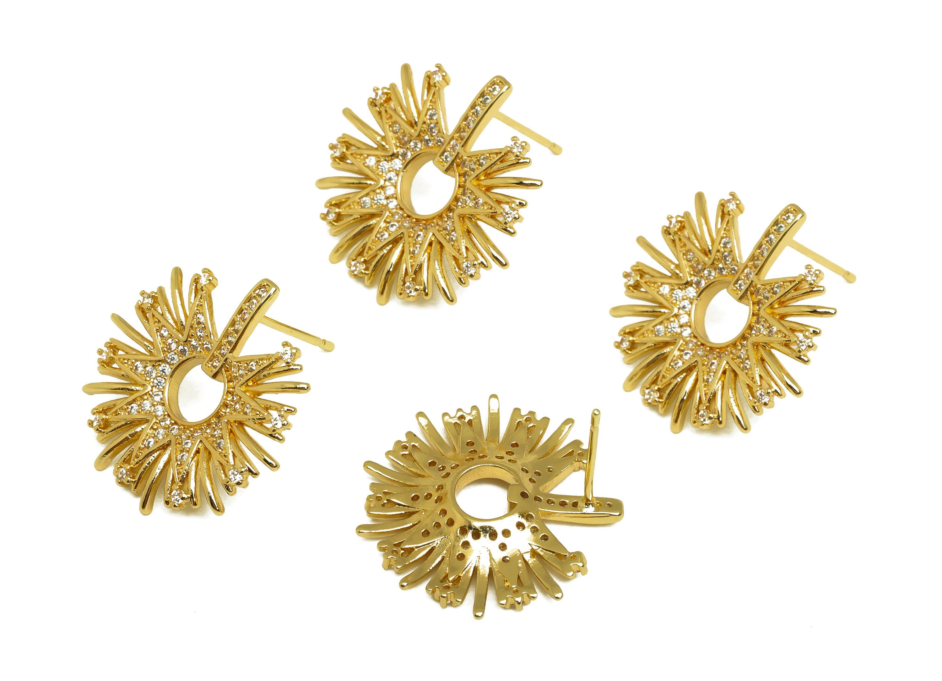 Brass Round Earring Post - Gold Sunshine Earring Stud - Textured Round Cubic Zircon Ear - 18K Real Gold Plated - 13.9x21.12x3.03mm - RGP7984 - DOMEDBAZAAR
