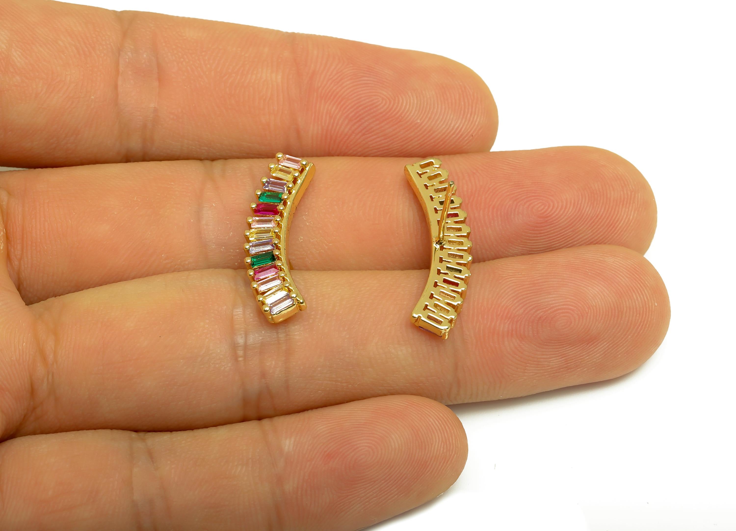 Brass Rainbow Earring Post - Gold Zircon Curved Rainbow Ear - CZ Textured Earring Stud - 18K Real Gold Plated - 16x25.12x2.47mm - RGP7988 - DOMEDBAZAAR