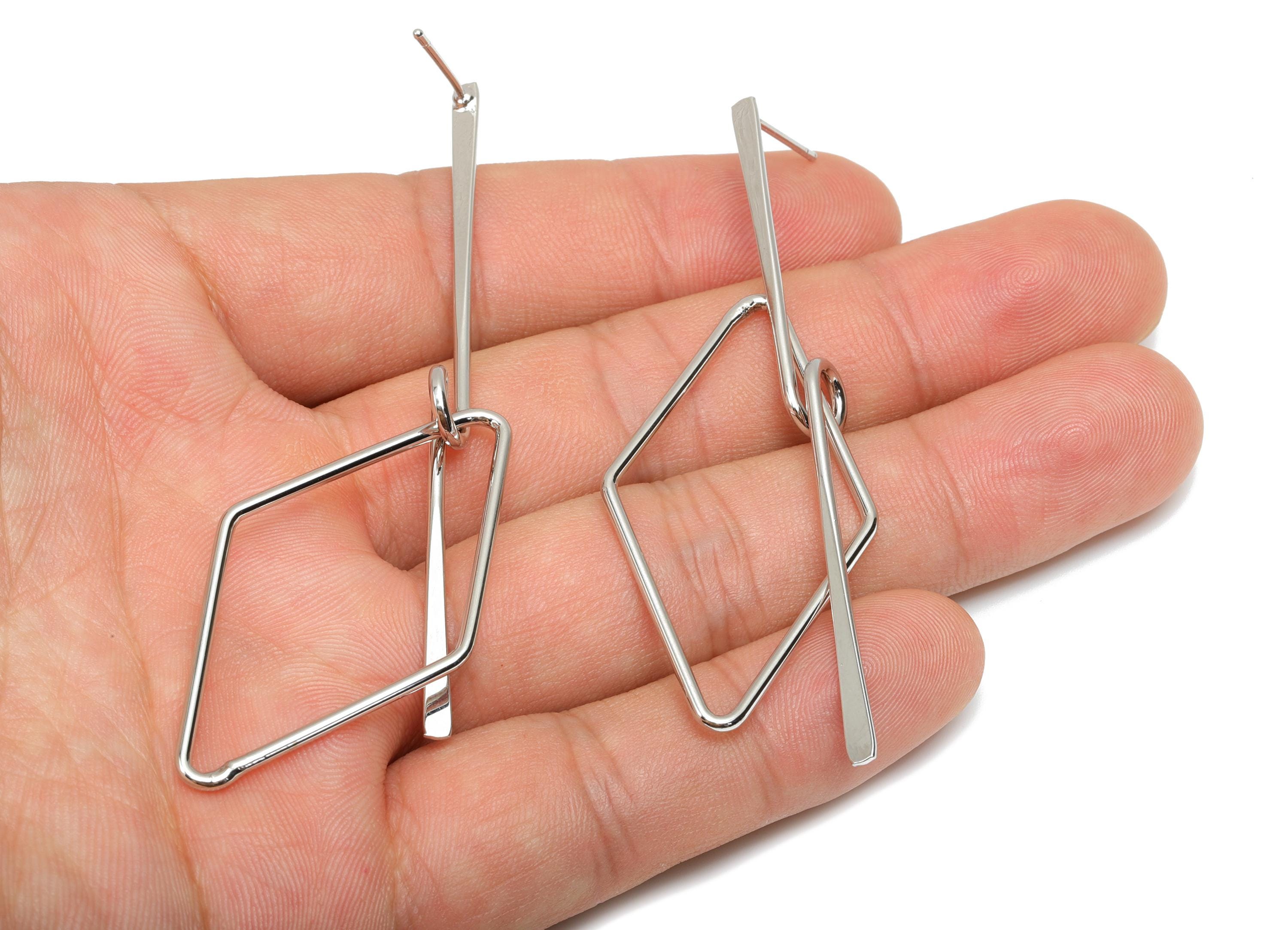 Brass Hammered Earring Post - Brass Diamond Earring Post - Brass Rhombic Earring Post - 18K Real White Gold Plating - 81x24x0.7mm - RGP8066 - DOMEDBAZAAR