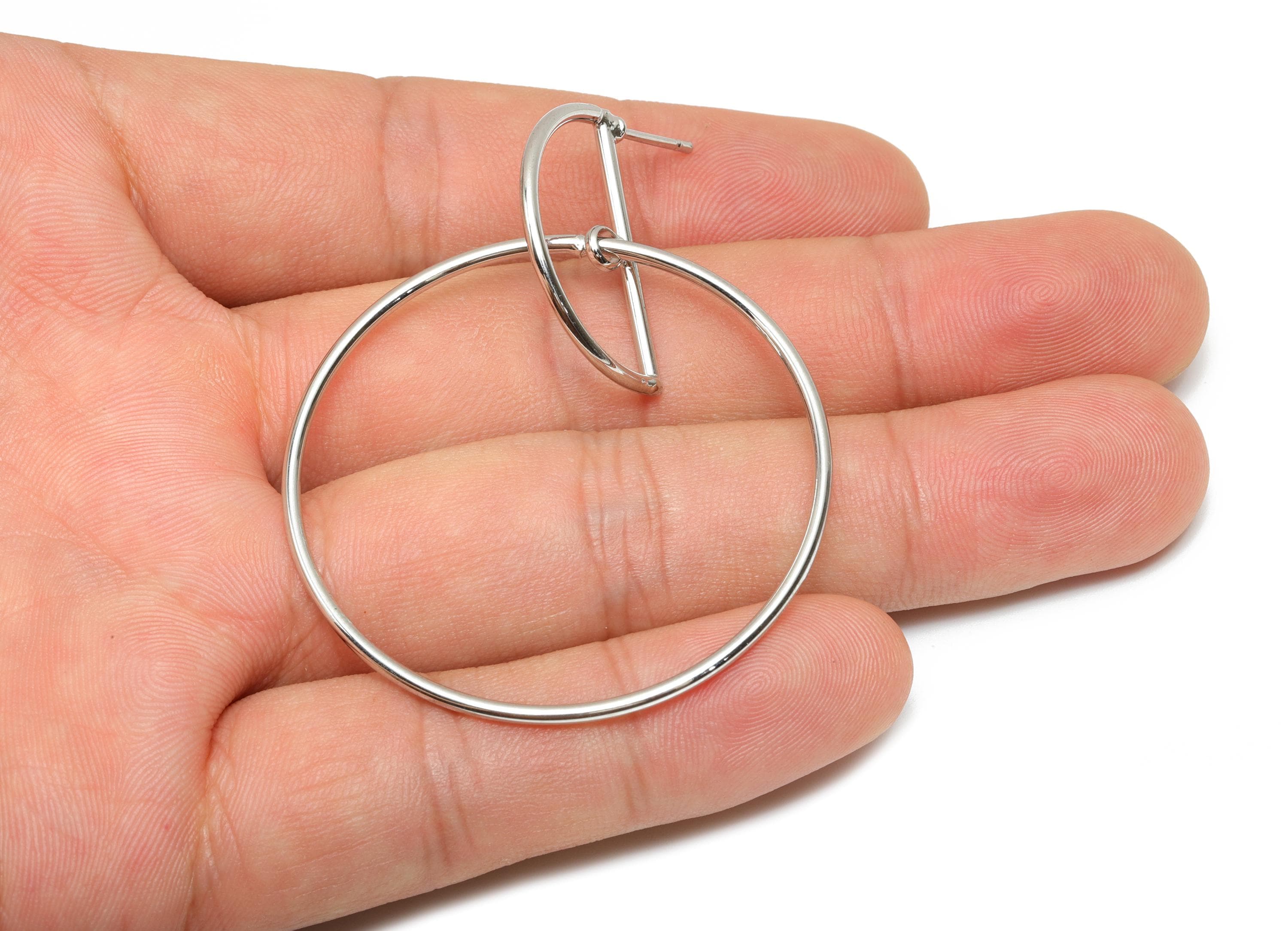 Interlocking Geometry Dangle Earring - Brass Half Moon Earring Stud - Circle Earring Post - 18K Real White Gold Plating - 58x44x2mm -RGP8053 - DOMEDBAZAAR