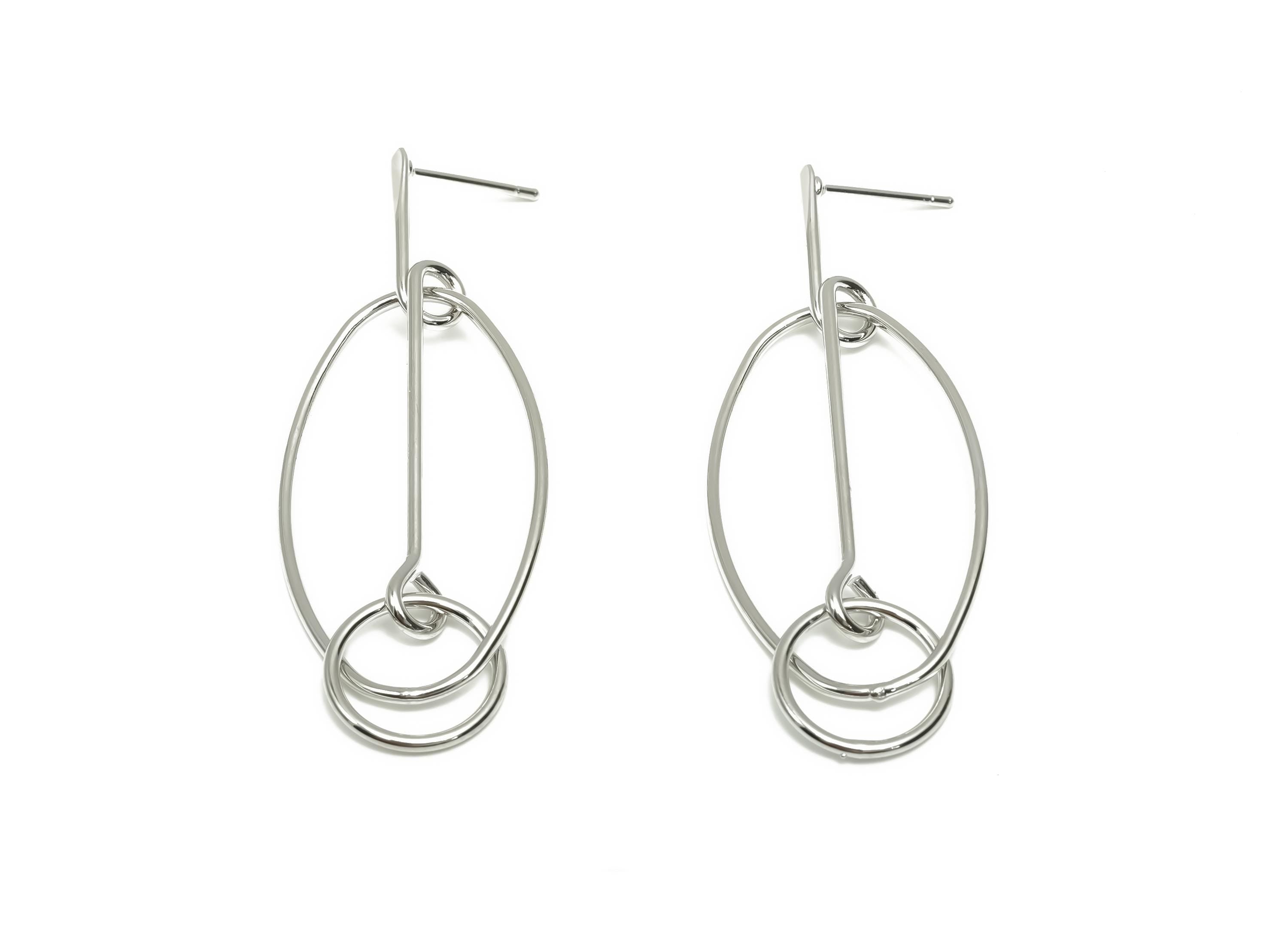 Brass Hammered Earring Post - Brass Dangle Oval Earring Stud - Geometry Earring Post - 18K Real White Gold Plating - 54x19x1.15mm - RGP8065 - DOMEDBAZAAR