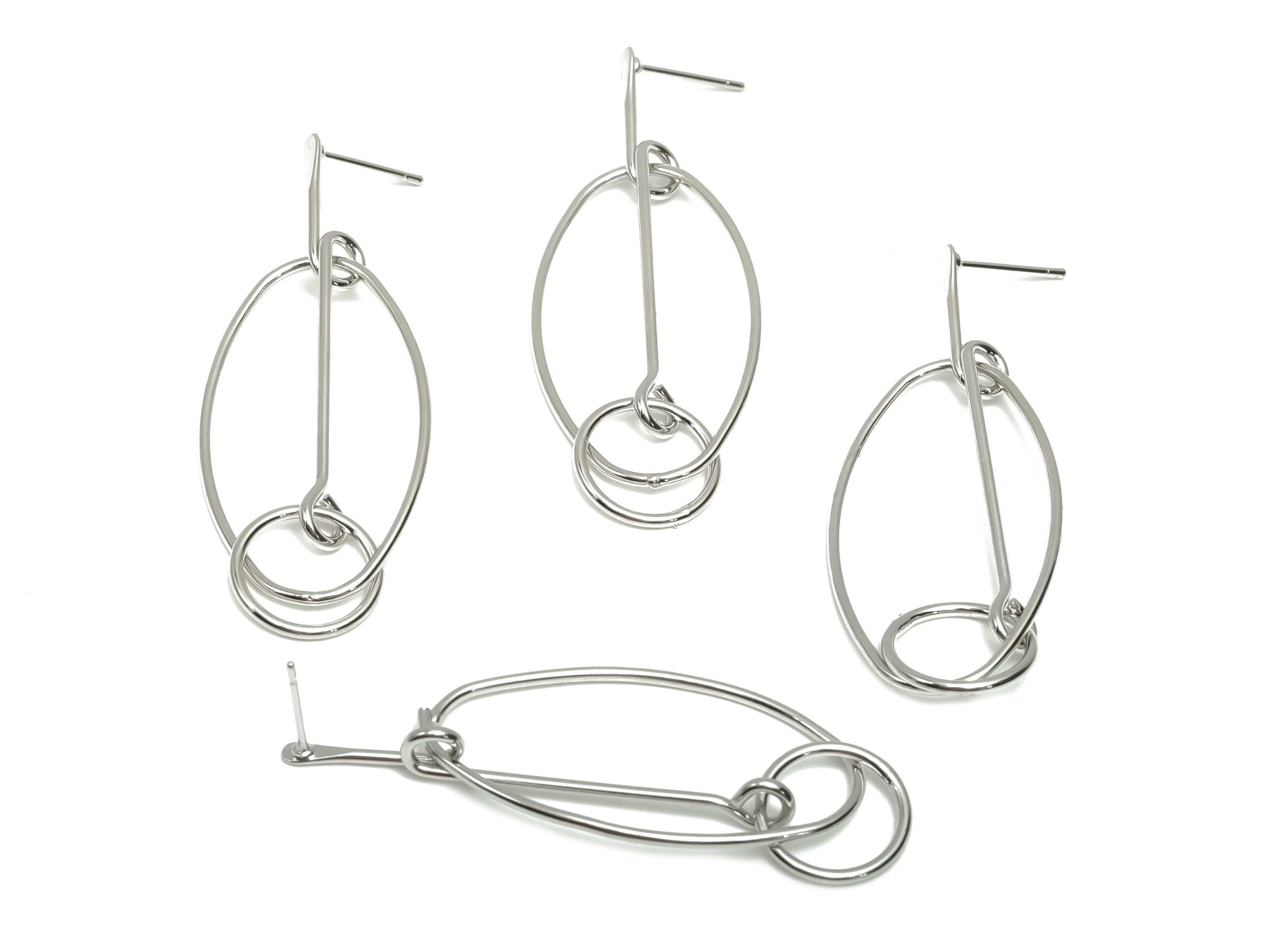 Brass Hammered Earring Post - Brass Dangle Oval Earring Stud - Geometry Earring Post - 18K Real White Gold Plating - 54x19x1.15mm - RGP8065 - DOMEDBAZAAR