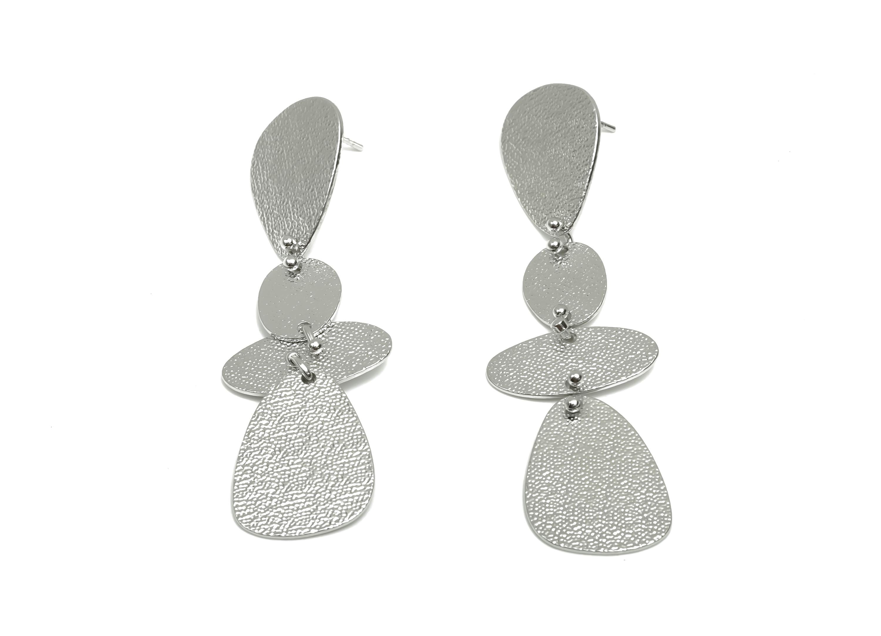 Brass Dangle Earring Stud - Textured Hang Geometry Earring Post - Dangle Earring Post - 18K Real White Gold Plated - 66x20x0.75mm - RGP8075 - DOMEDBAZAAR