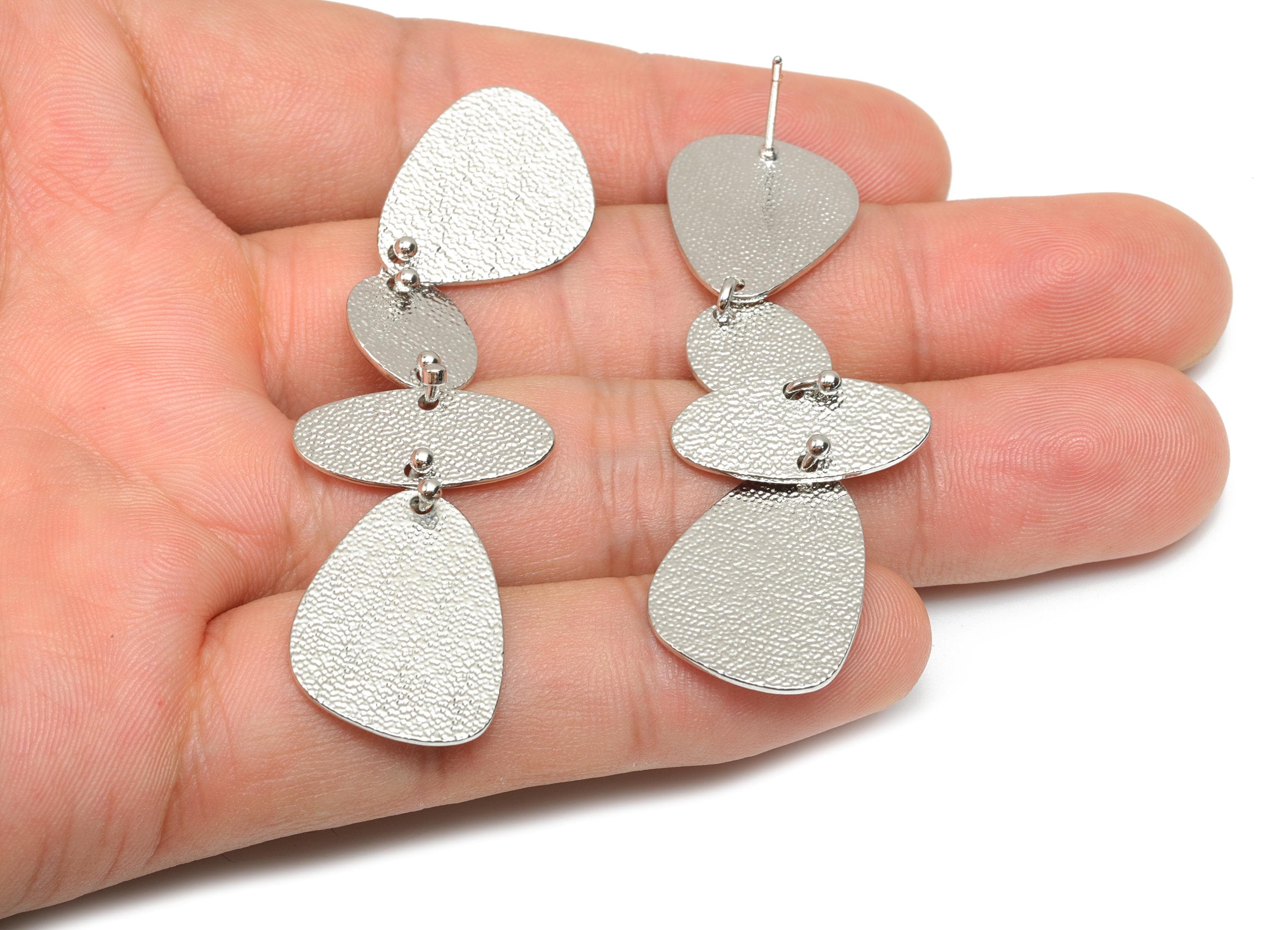 Brass Dangle Earring Stud - Textured Hang Geometry Earring Post - Dangle Earring Post - 18K Real White Gold Plated - 66x20x0.75mm - RGP8075 - DOMEDBAZAAR