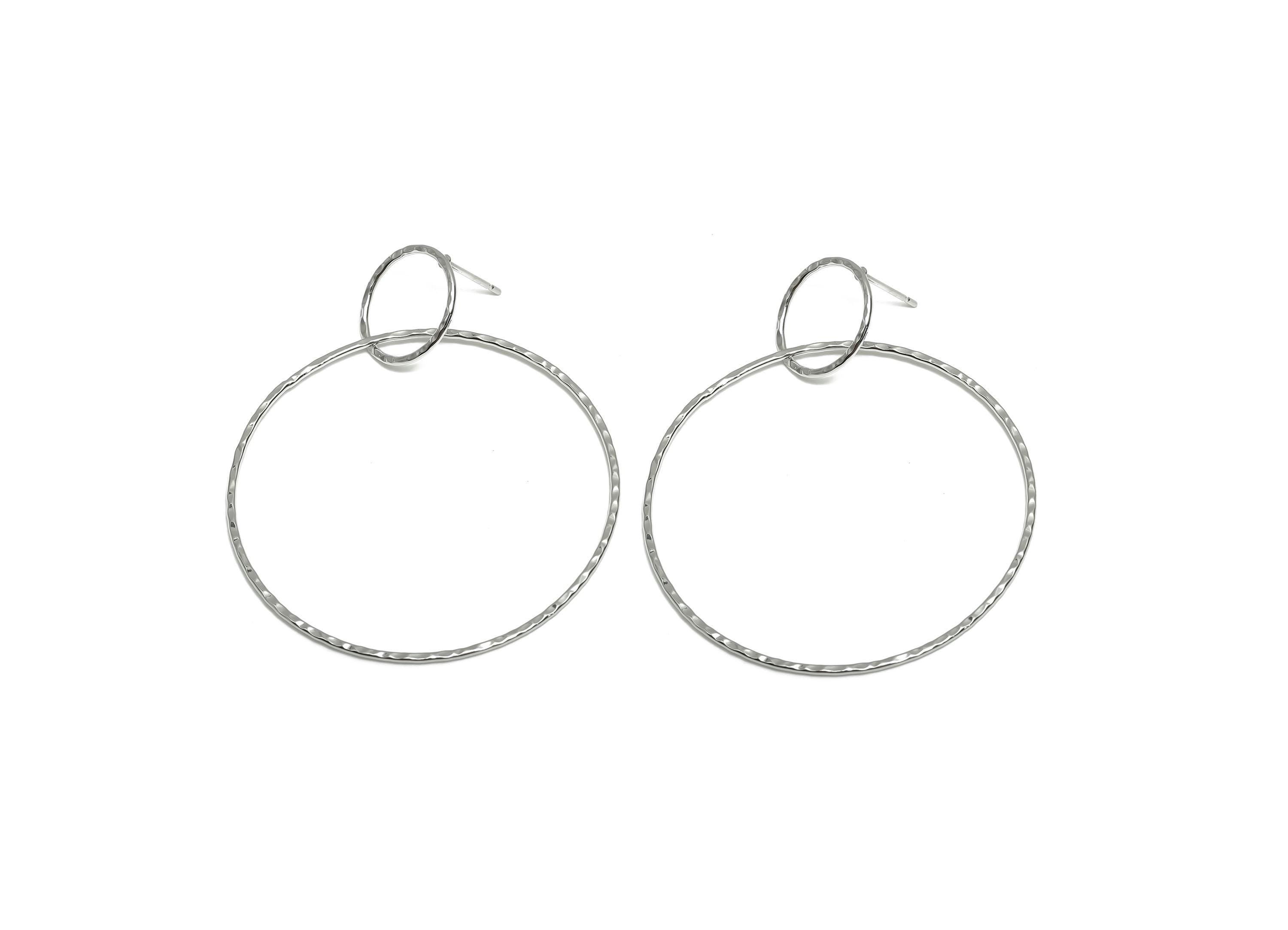 Brass Round Earring Stud - Brass Dangle Earring Post - Geometry Hammered Earring Post - 18K Real White Gold Plating - 57x45x0.73mm - RGP8087 - DOMEDBAZAAR
