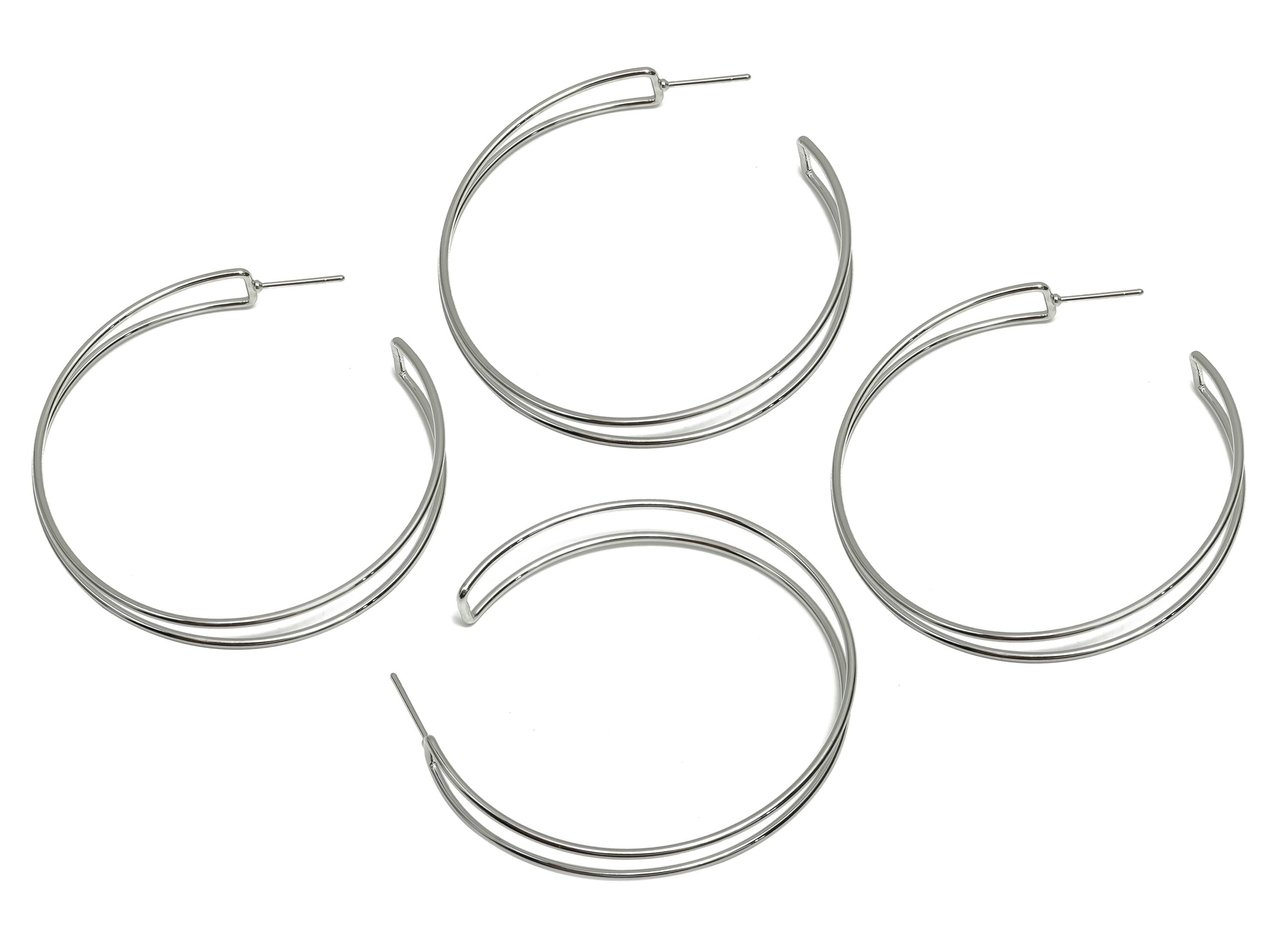 Brass Hoop Earring Stud - Brass Open Hoop Earring Post - Geometry Large Hoop Earring Post - 18K Real White Gold Plated - 50x48x1mm - RGP8090 - DOMEDBAZAAR