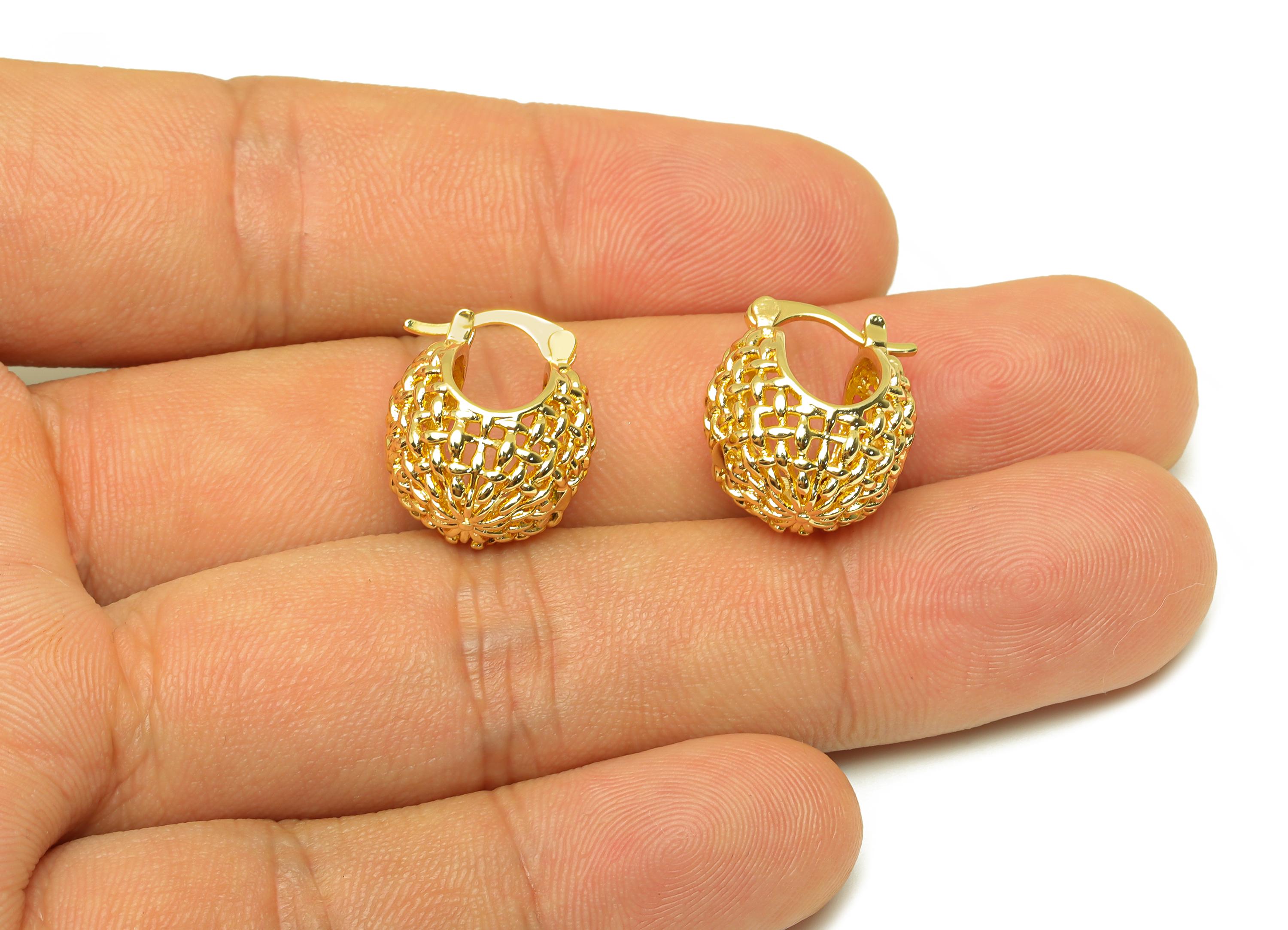 Brass Mesh Hoop Earring - Brass Basket Mesh Back Earring - Wire Hinged Back Hoop Earring - 18K Real Gold Plating - 17x16x14.47mm - RGP7756 - DOMEDBAZAAR