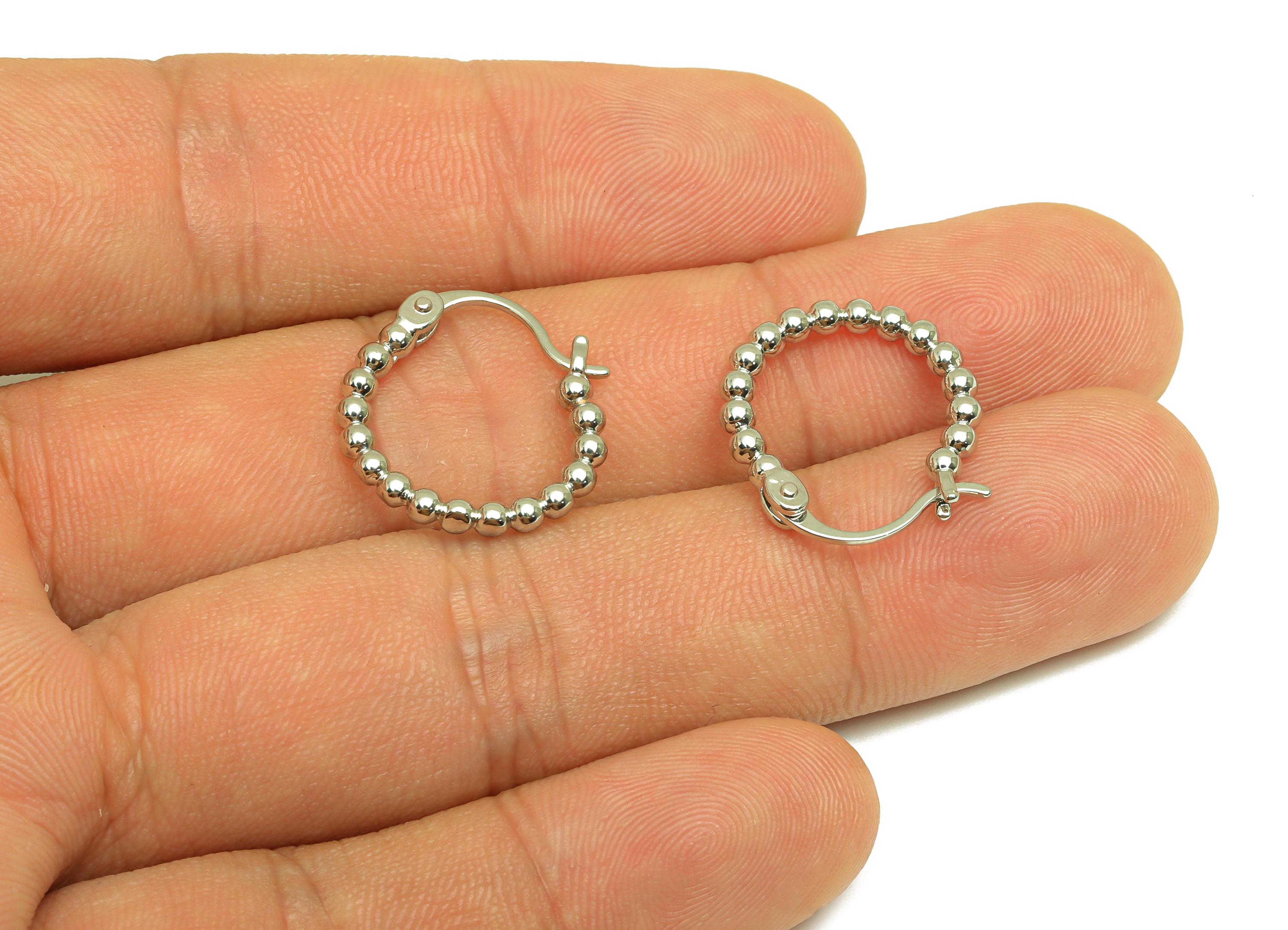 Brass Beaded Hoop Earring - Brass Bead Back Earring - Brass Hinged Back Hoop Earring - 18K Real White Gold Plating - 19x17x2.45mm - RGP7771 - DOMEDBAZAAR