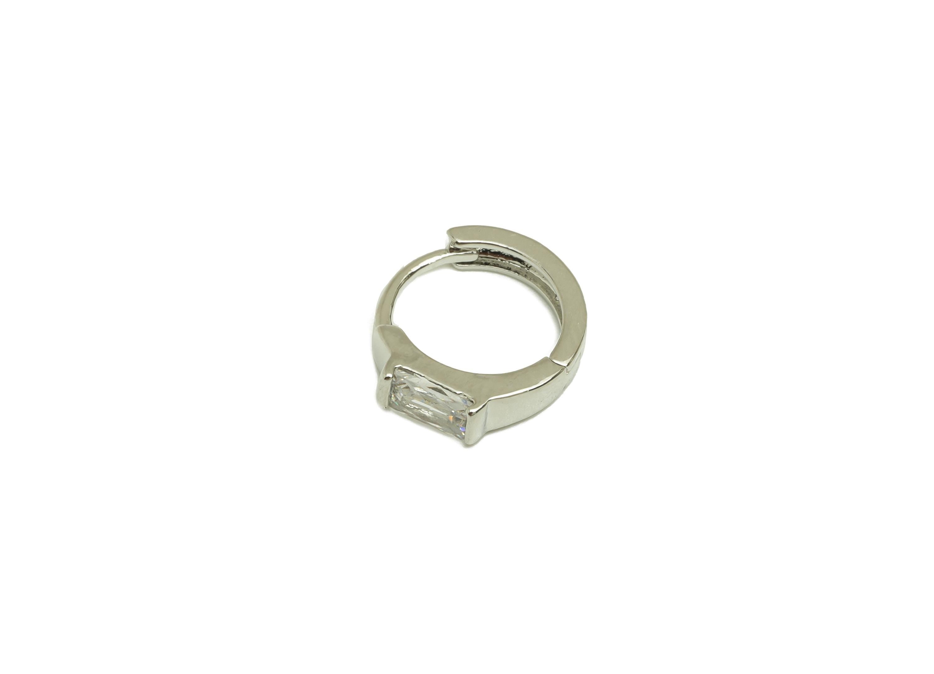 Brass Rectangle CZ Hoop Earring - Brass Huggie Hoop Earring - Cubic Zircon Clasp Earring - 18K Real White Gold Plating - 13x11x2mm - RGP7779 - DOMEDBAZAAR