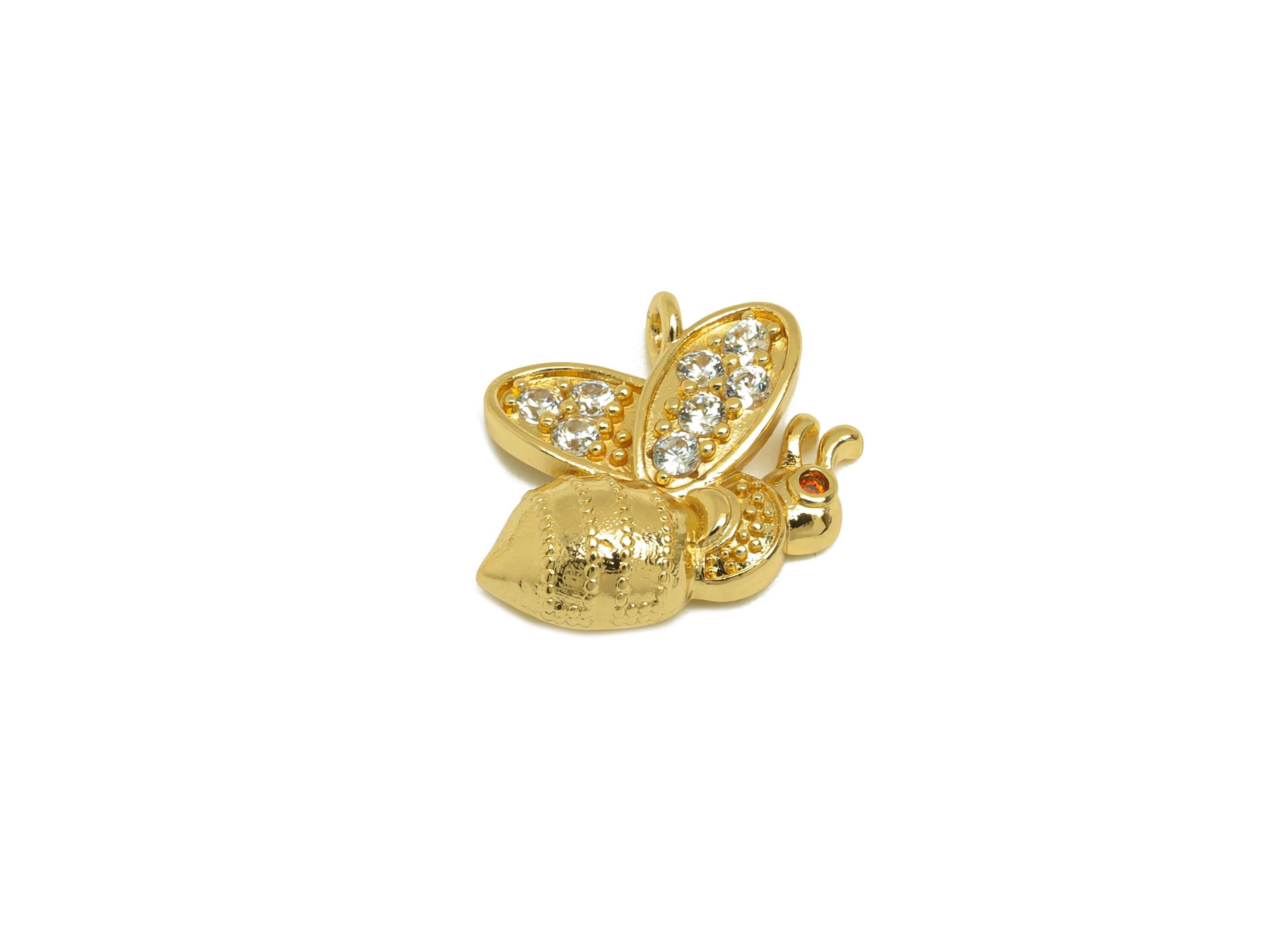 Brass Zircon Bee Charm - Brass Cubic Zircon Animal Pendant - Animal Bee Earring Charm - 18K Real Gold Plating - 16.5x14.3x4.4mm - RGP7632 - DOMEDBAZAAR