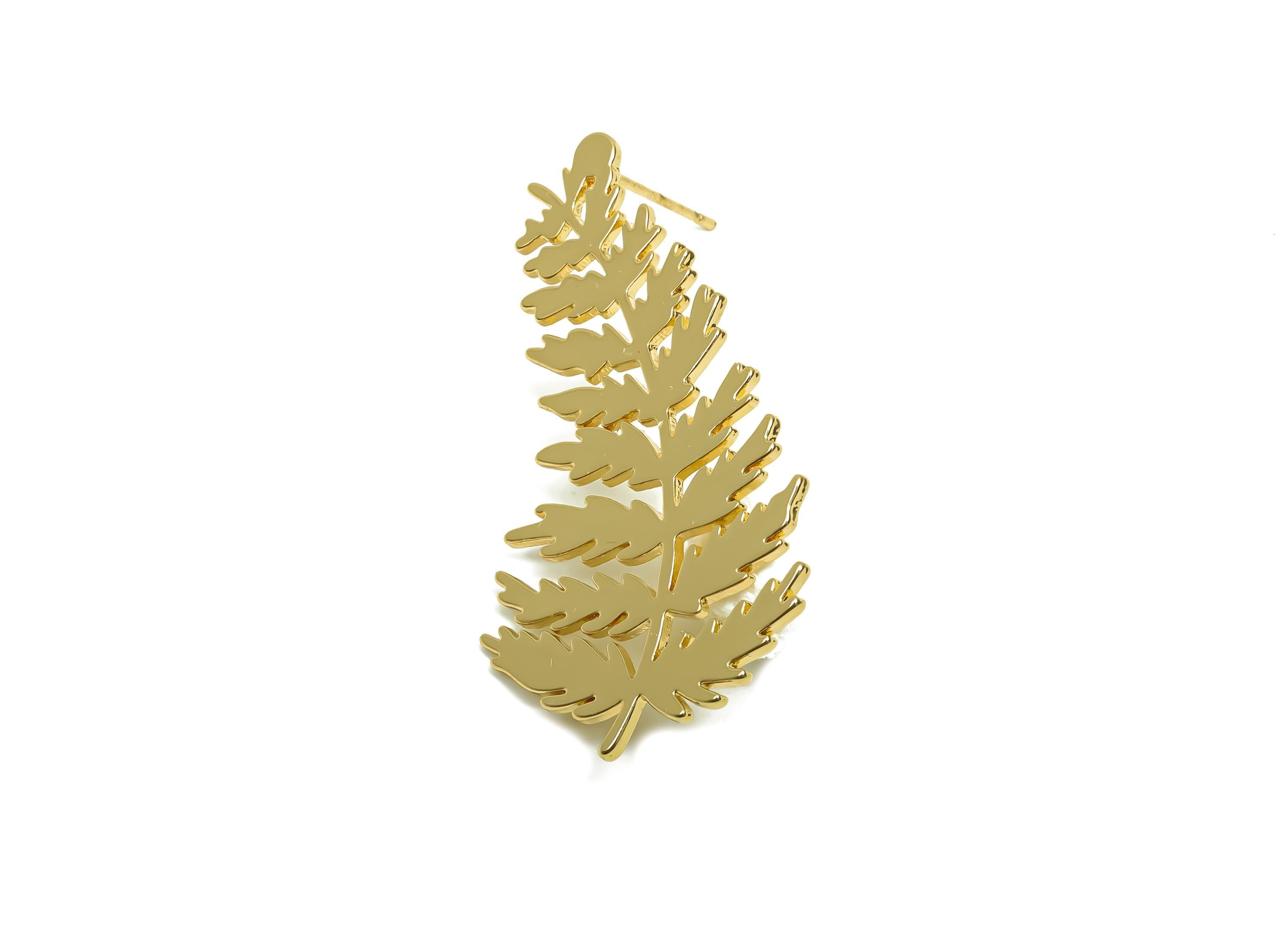 Brass Leaf Earring Stud - Brass Botanical Earring Post - Brass Textured Leaf Earring Post - 18K Real Gold Plating - 39.6x22x1.1mm -RGP8340 - DOMEDBAZAAR