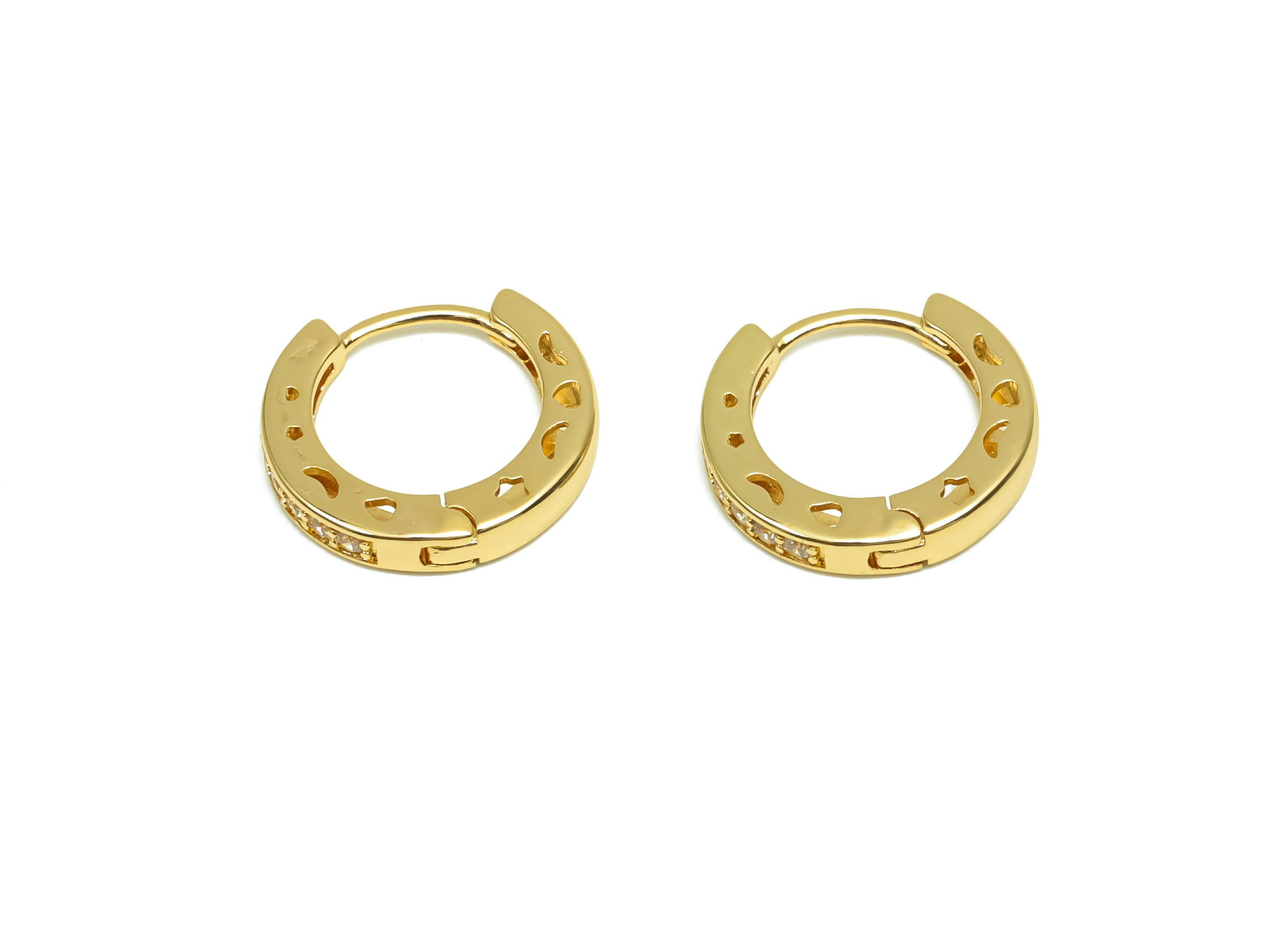 Brass CZ Hoop Earring - Brass Pattern Huggie Hoop Earring - Cubic Zircon Clasp Hoop Earring - 18K Real Gold Plating - 15.6x14x3mm - RGP8359 - DOMEDBAZAAR
