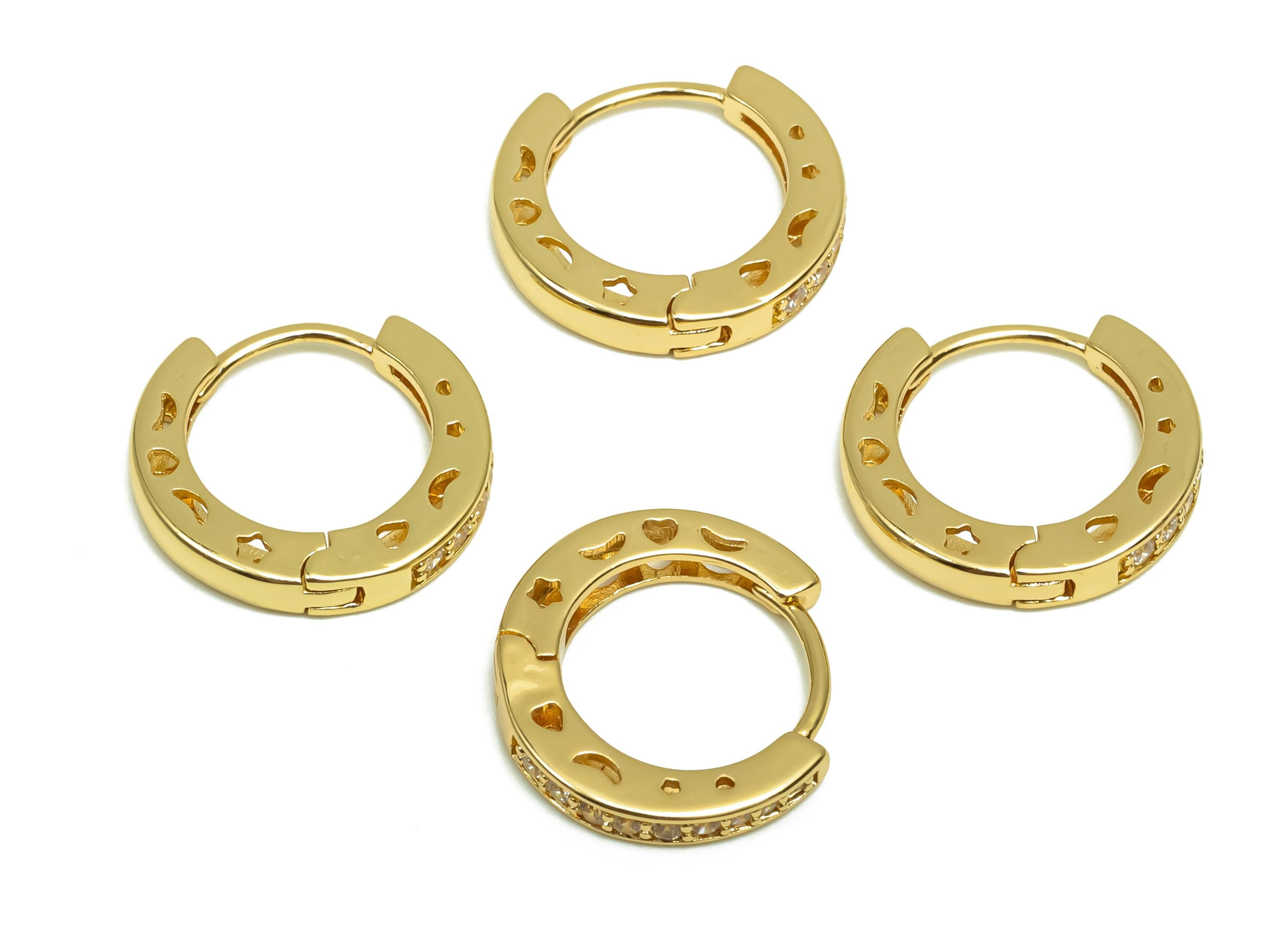 Brass CZ Hoop Earring - Brass Pattern Huggie Hoop Earring - Cubic Zircon Clasp Hoop Earring - 18K Real Gold Plating - 15.6x14x3mm - RGP8359 - DOMEDBAZAAR