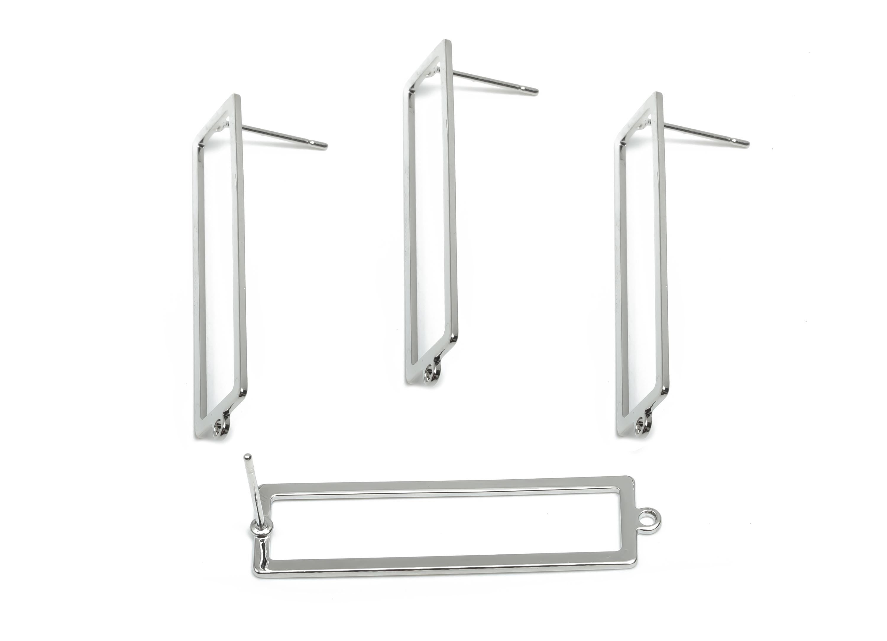 Brass Rectangle Earring Stud - Brass Earring Post With Loop - Geometry Earring Post - 18K Real White Gold Plating - 38x10x0.9mm - RGP8350 - DOMEDBAZAAR