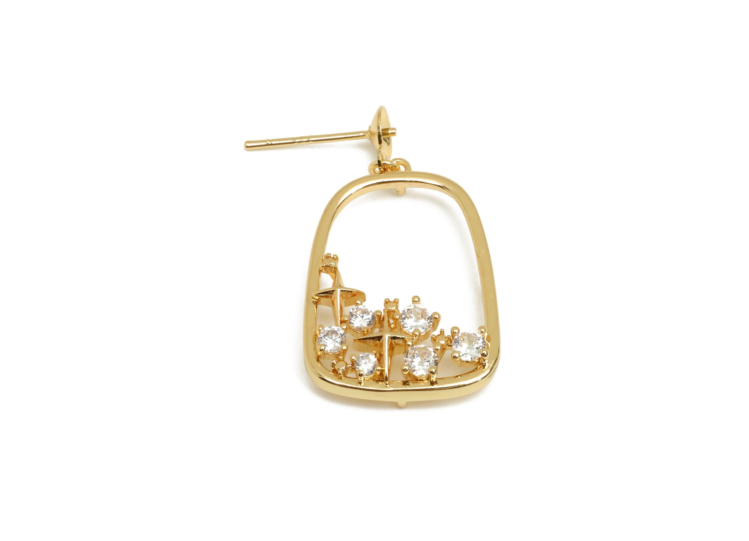 Brass Dangle Earring Setting - Gold Zircon Earring Post for Peal - Mother of Pearl - 18K Real Gold Plating - 24.32x17.4x1.17mm - RGP7638 - DOMEDBAZAAR