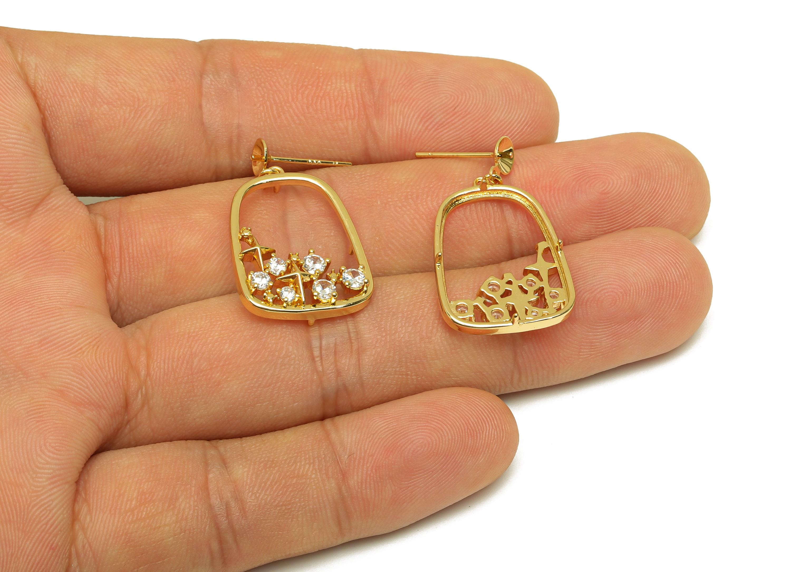 Brass Dangle Earring Setting - Gold Zircon Earring Post for Peal - Mother of Pearl - 18K Real Gold Plating - 24.32x17.4x1.17mm - RGP7638 - DOMEDBAZAAR