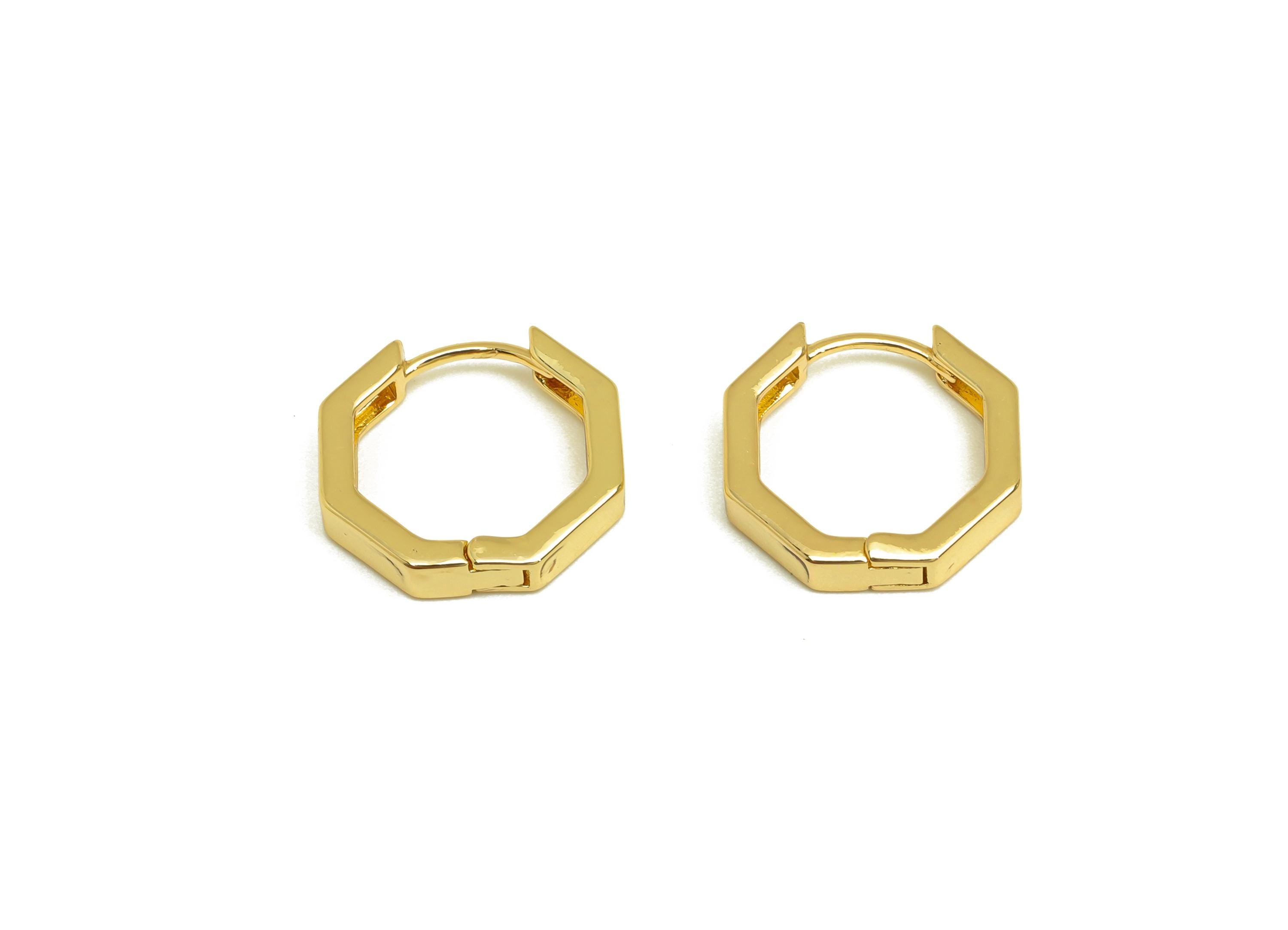 Brass Octagon Earrings Clasps - Gold Huggie Hoop Ear Clasp - Octagon Huggie Hoop Earring - 18K Real Gold Plated - 13.9x13.6x1.52mm - RGP7639 - DOMEDBAZAAR