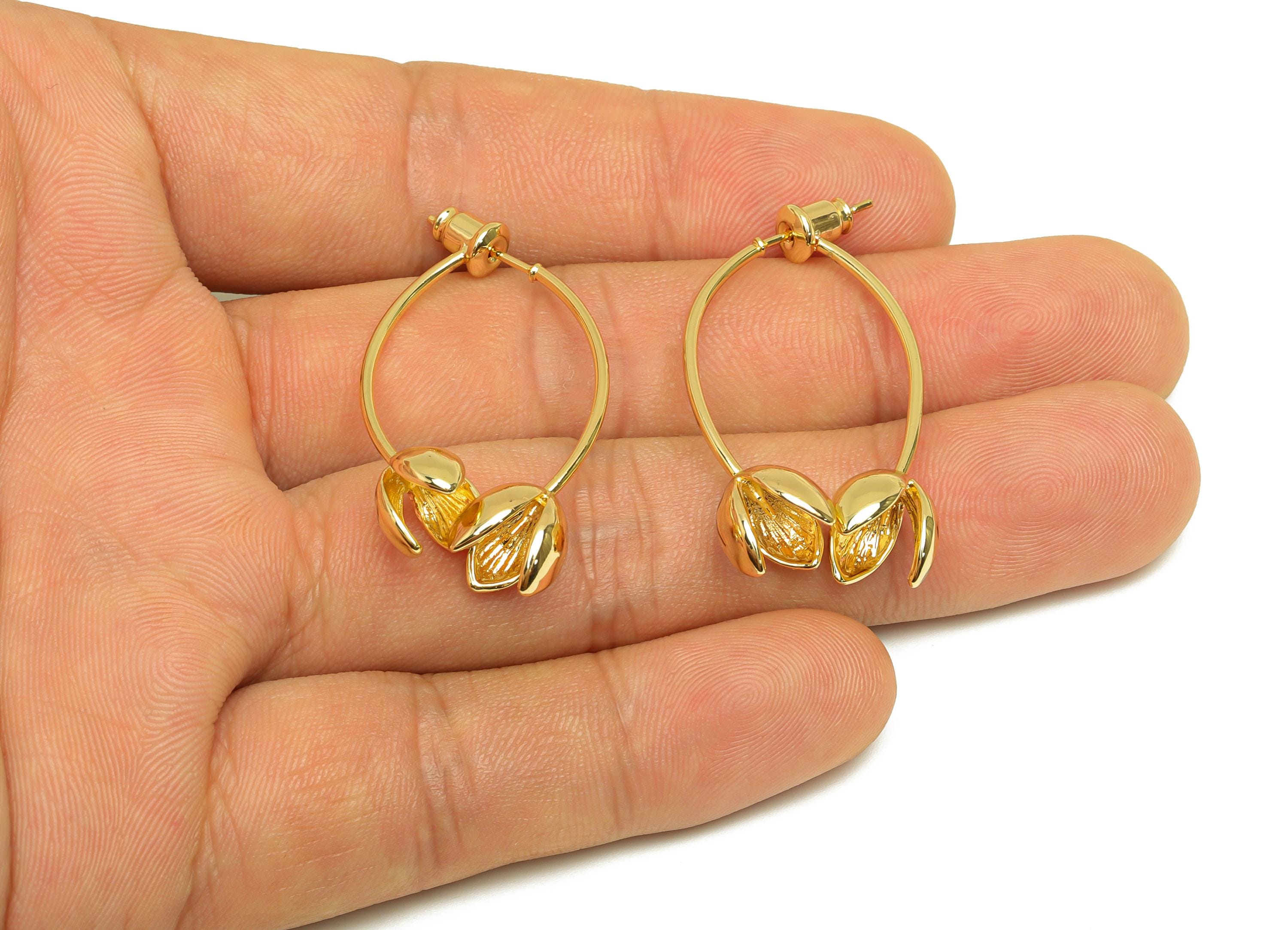Brass Flower Earring Jacket - Botanical Flower Earring Post - Gold Flower Earring Stud - 18K Real Gold Plating - 38.25x9x8.66mm - RGP7648 - DOMEDBAZAAR